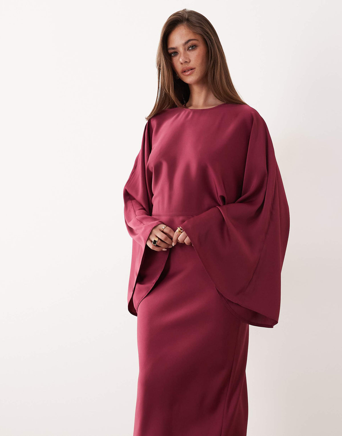 ASOS DESIGN textured satin batwing bias waisted maxi dress in raspberry