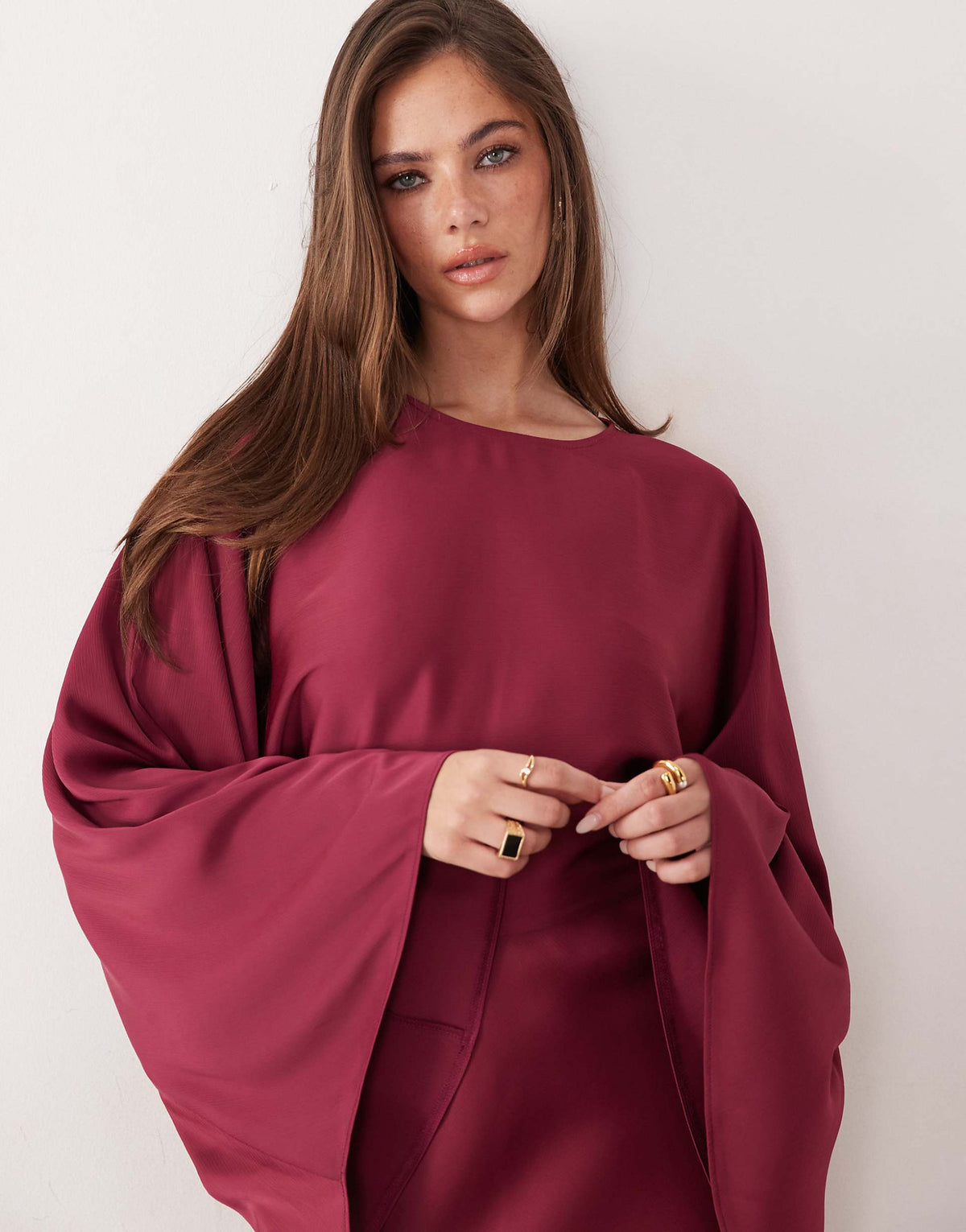 ASOS DESIGN textured satin batwing bias waisted maxi dress in raspberry