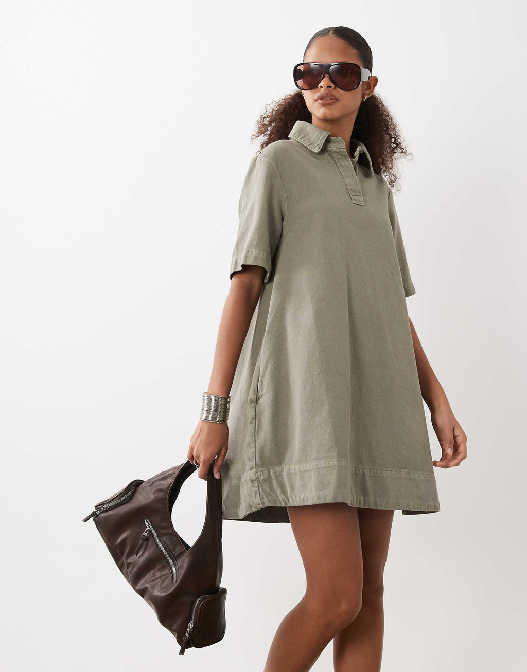 ASOS DESIGN denim swing polo shirt dress in khaki
