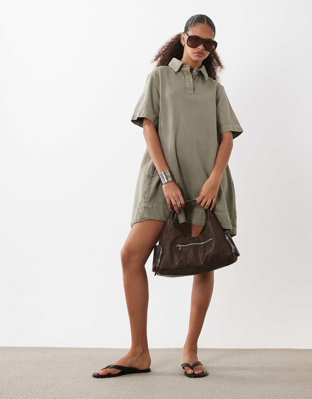 ASOS DESIGN denim swing polo shirt dress in khaki