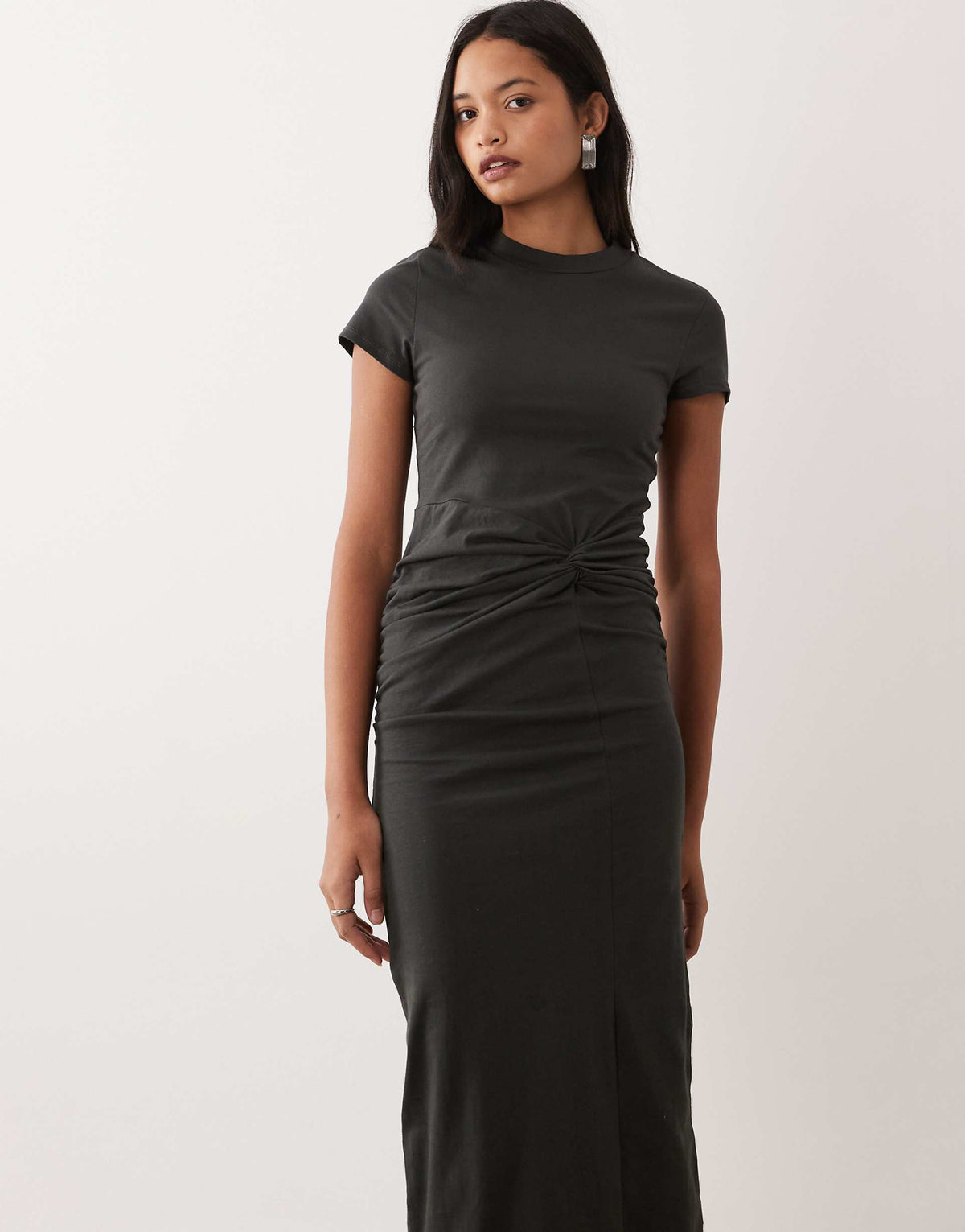 ASOS DESIGN short sleeve midi dress with twist detail in charcoal