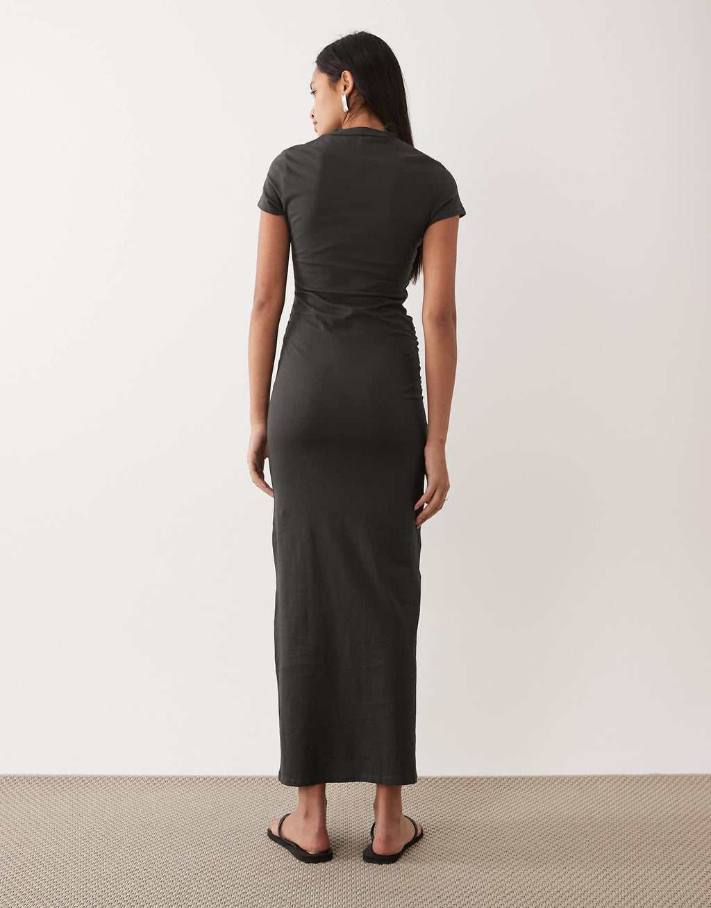 ASOS DESIGN short sleeve midi dress with twist detail in charcoal