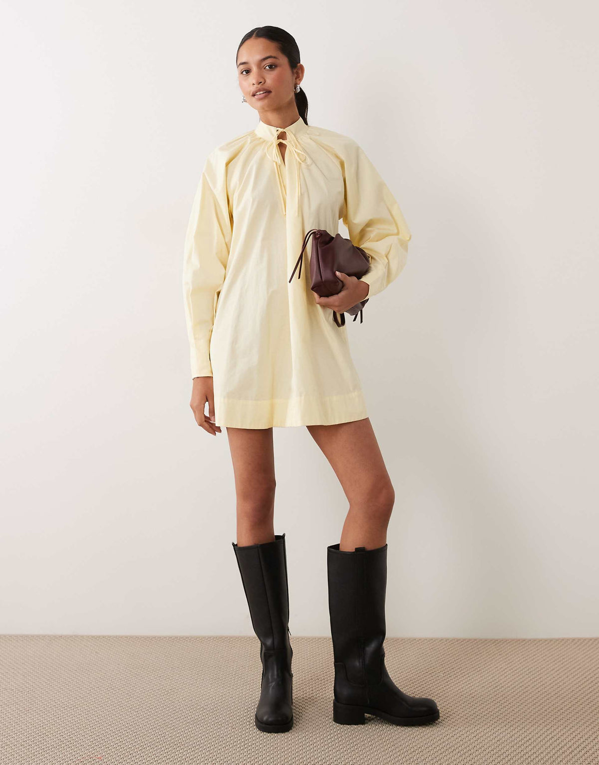 ASOS DESIGN high neck tie poplin mini dress with puff sleeve in tender yellow