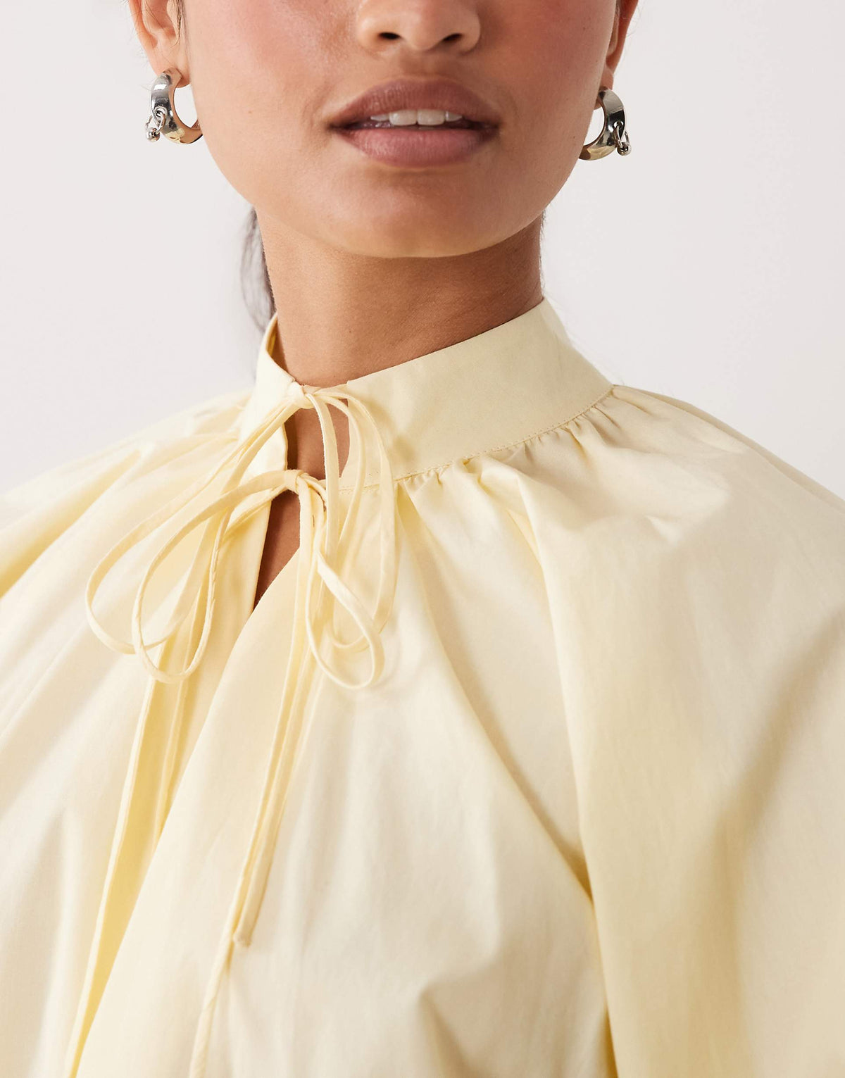 ASOS DESIGN high neck tie poplin mini dress with puff sleeve in tender yellow