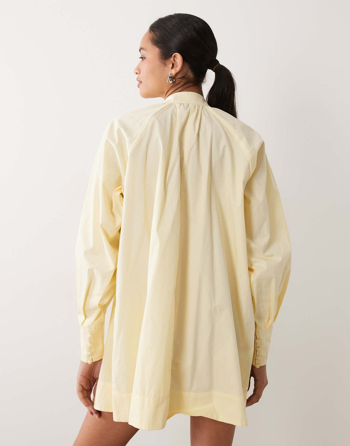 ASOS DESIGN high neck tie poplin mini dress with puff sleeve in tender yellow