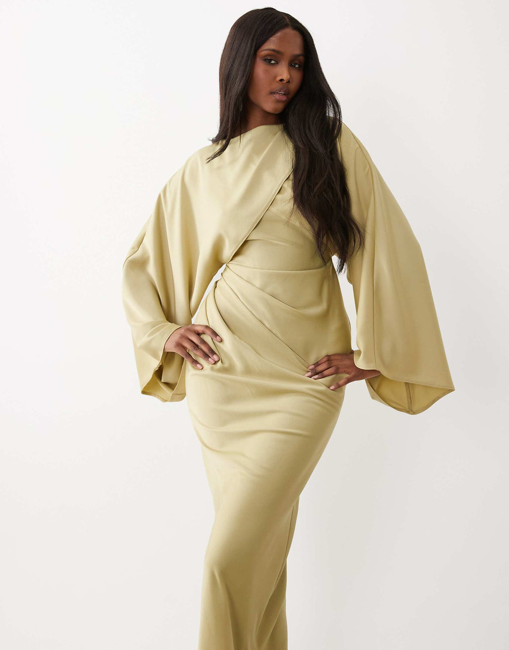 ASOS DESIGN draped long sleeve cross front high neck satin maxi dress