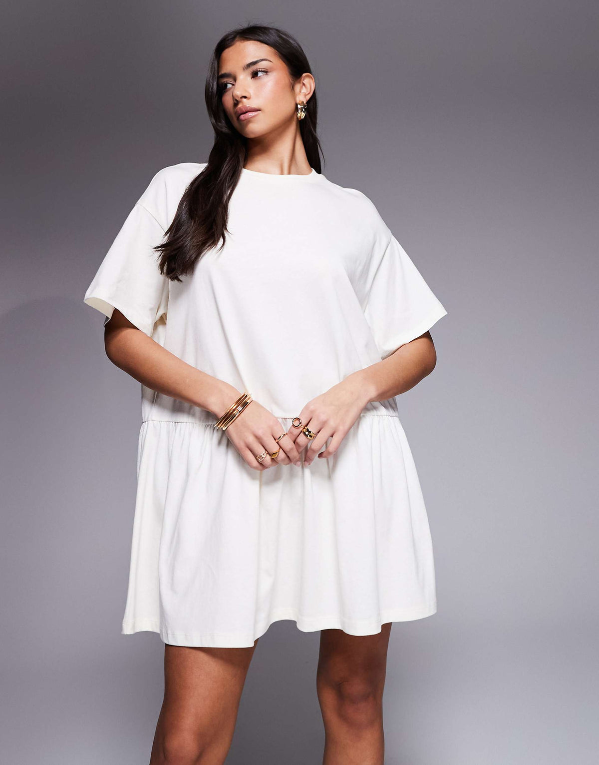 ASOS DESIGN short sleeve dropped waist peplum T-shirt mini dress in cream