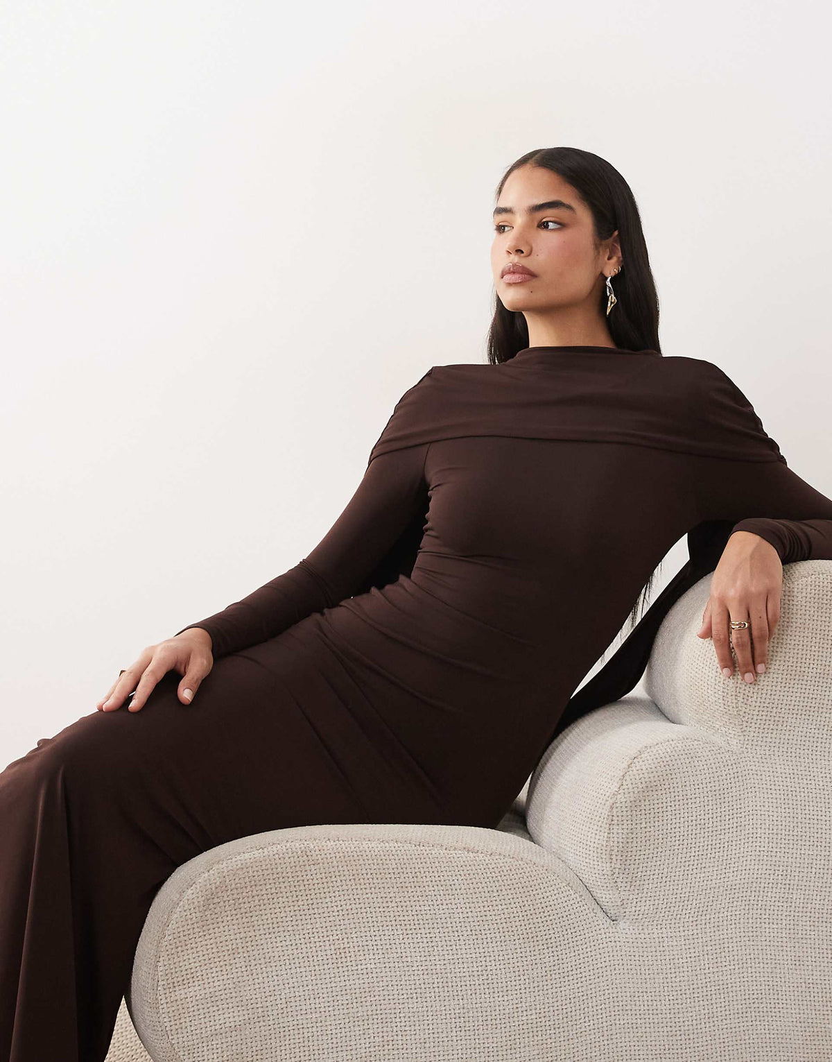 ASOS DESIGN slinky long sleeve maxi dress with extreme cape shoulder detail in chocolate