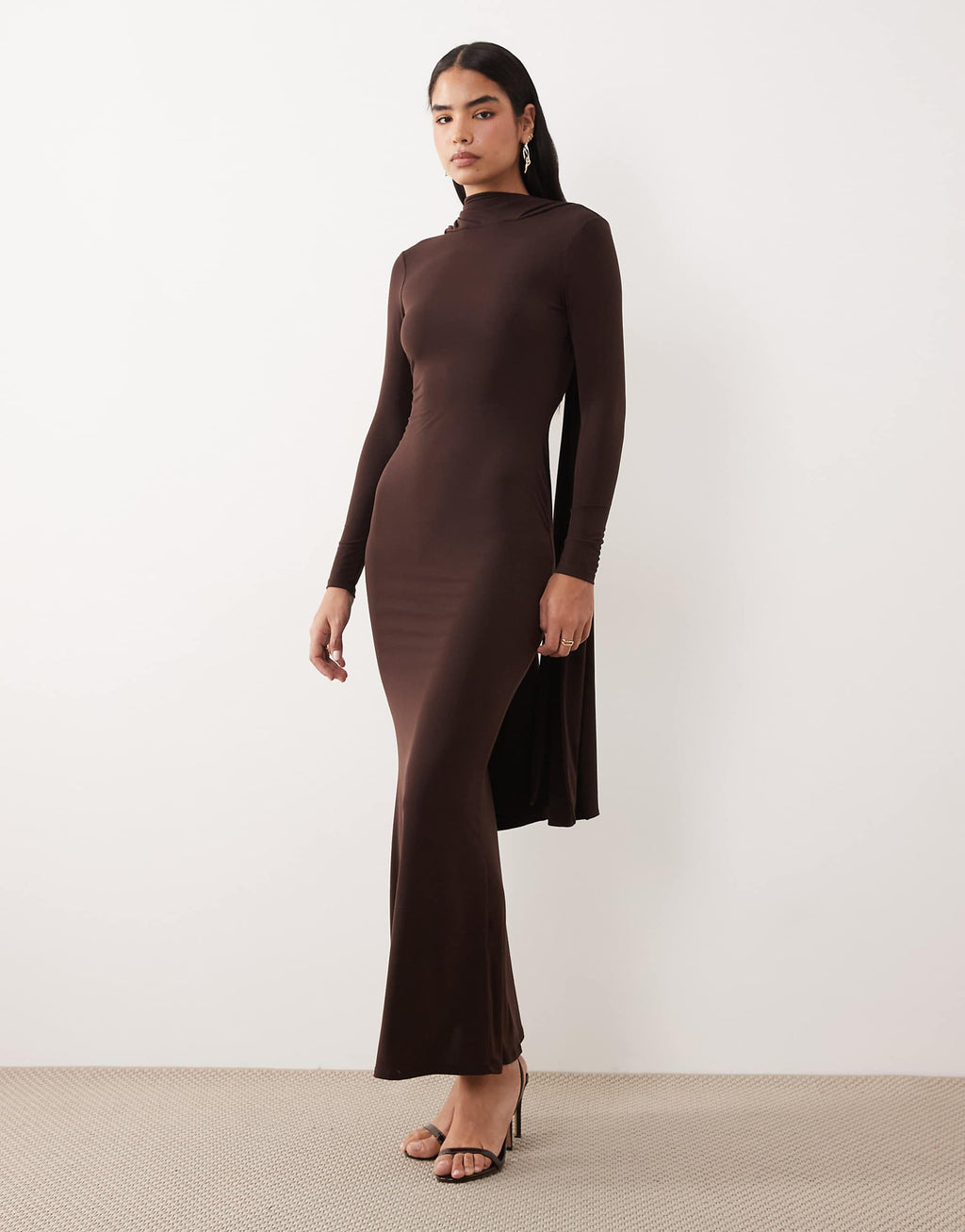 ASOS DESIGN slinky long sleeve maxi dress with extreme cape shoulder detail in chocolate