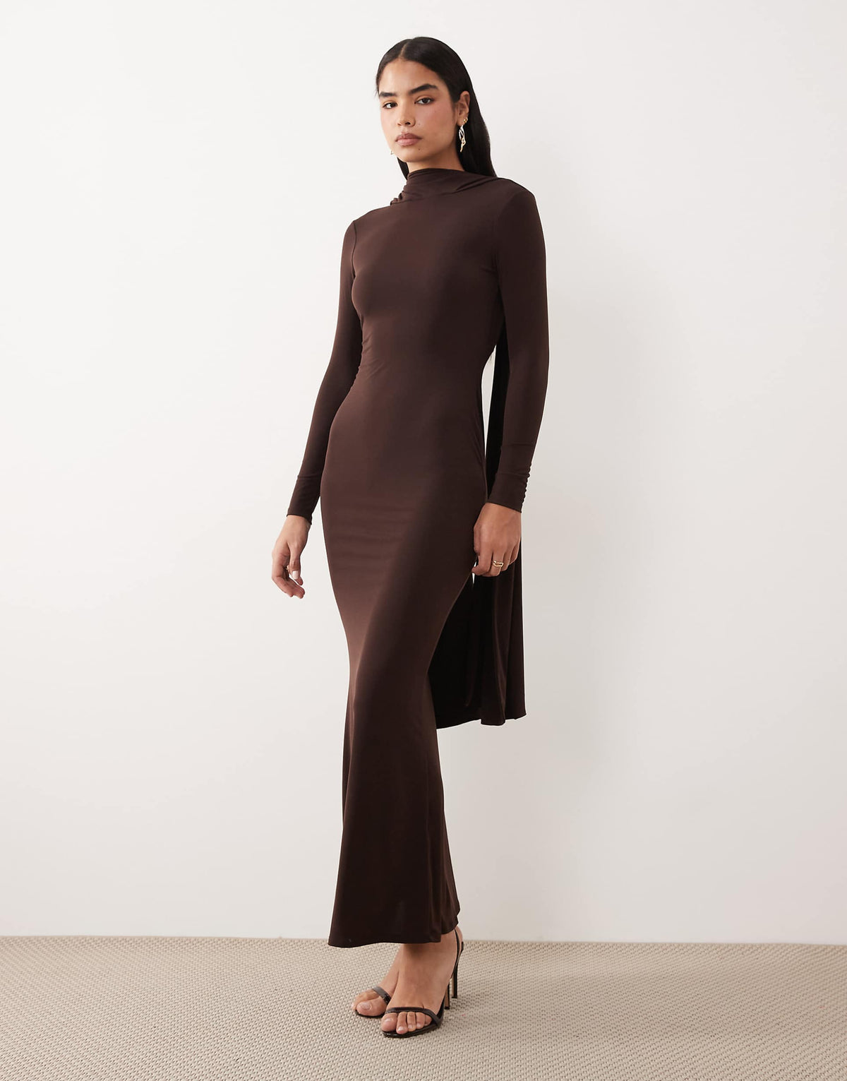 ASOS DESIGN slinky long sleeve maxi dress with extreme cape shoulder detail in chocolate