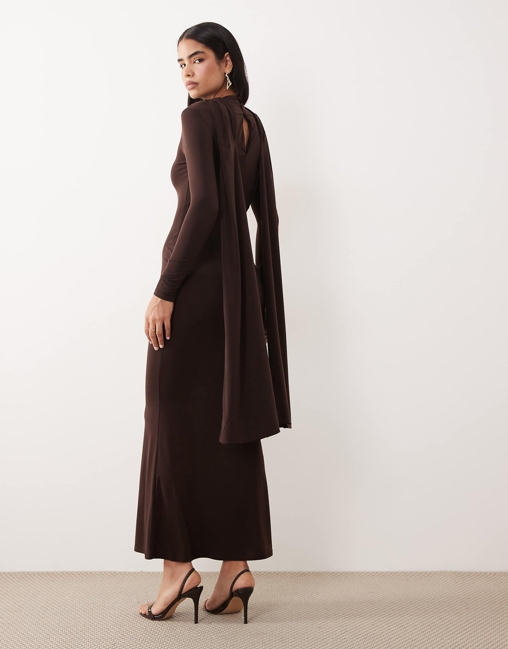 ASOS DESIGN slinky long sleeve maxi dress with extreme cape shoulder detail in chocolate