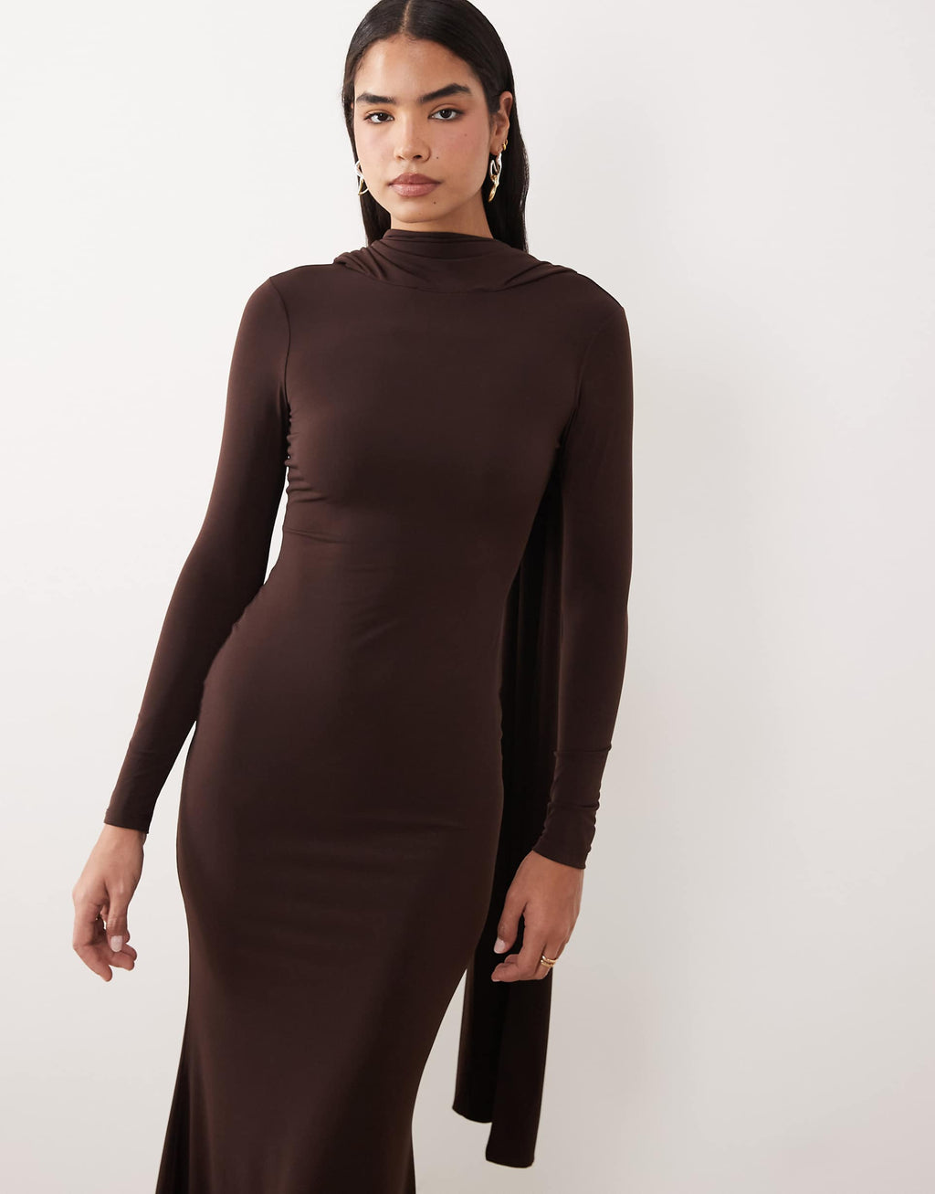 ASOS DESIGN slinky long sleeve maxi dress with extreme cape shoulder detail in chocolate