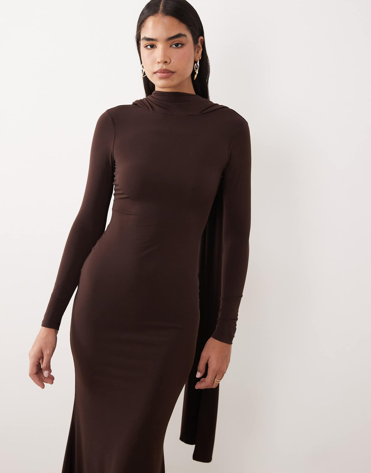 ASOS DESIGN slinky long sleeve maxi dress with extreme cape shoulder detail in chocolate