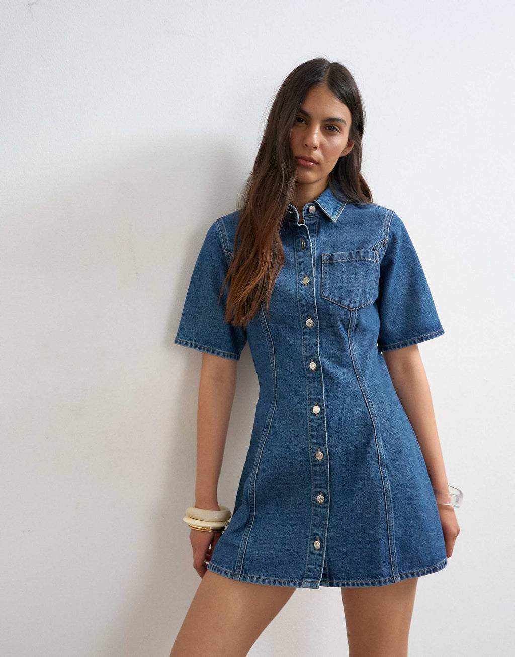 Topshop denim short sleeve button down mini dress in mid blue