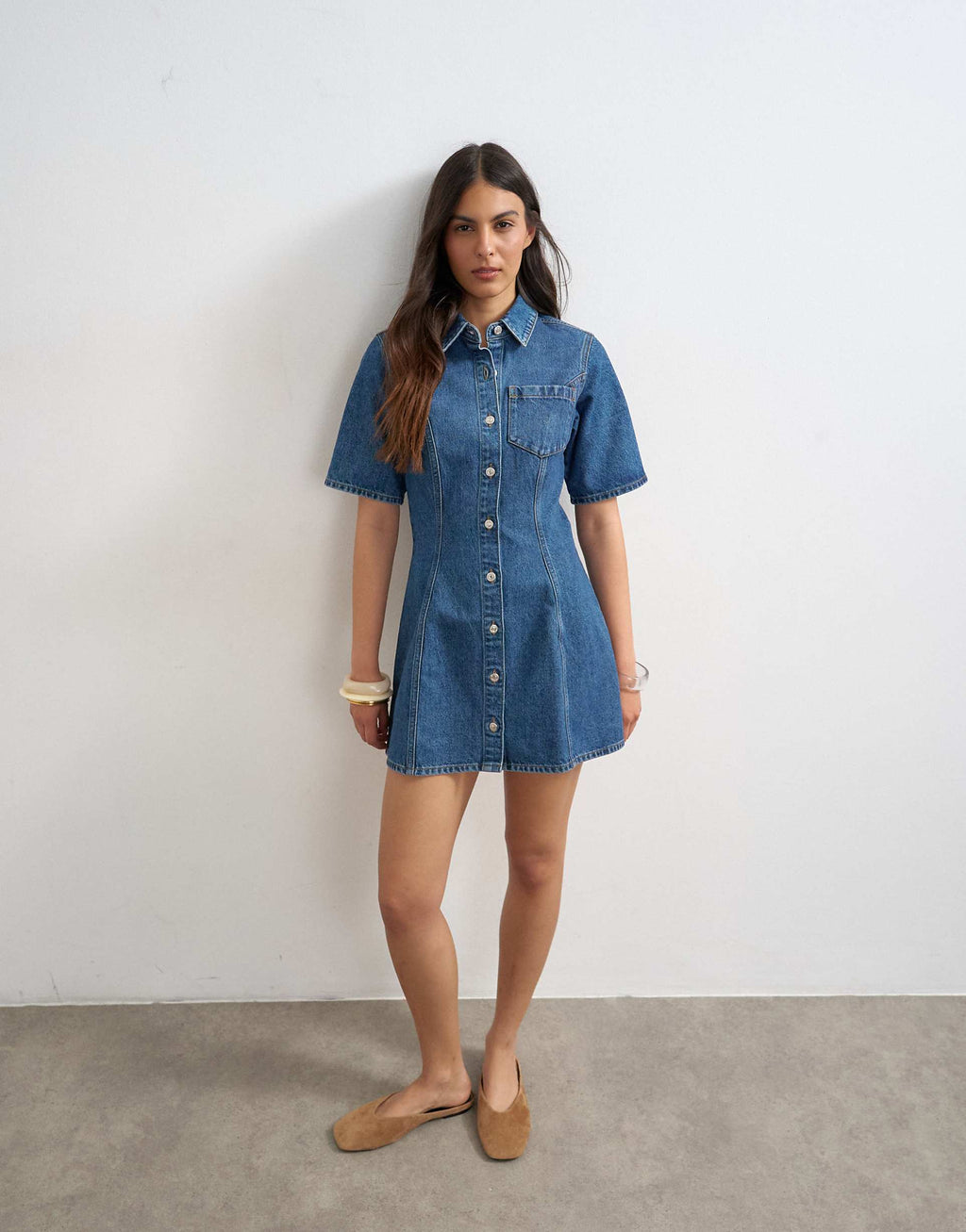 Topshop denim short sleeve button down mini dress in mid blue
