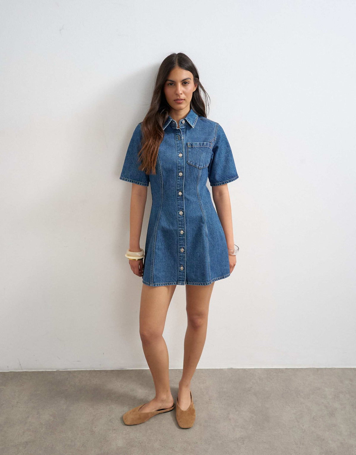 Topshop denim short sleeve button down mini dress in mid blue