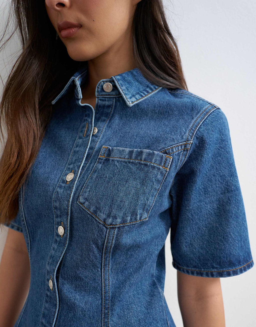 Topshop denim short sleeve button down mini dress in mid blue
