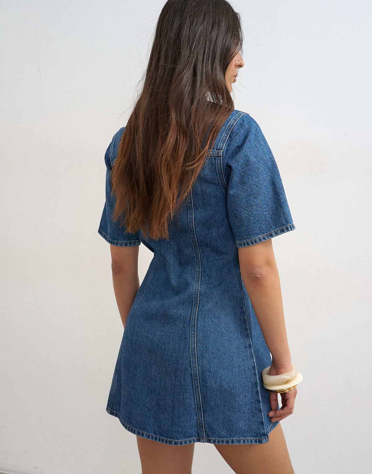 Topshop denim short sleeve button down mini dress in mid blue