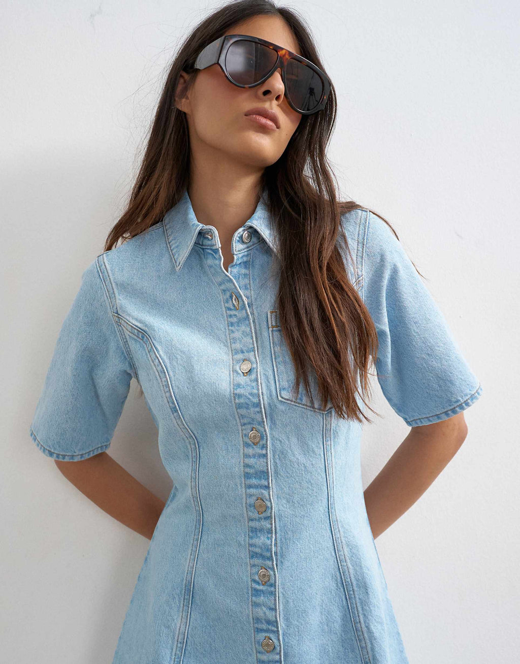 Topshop denim short sleeve button down mini dress in bleach