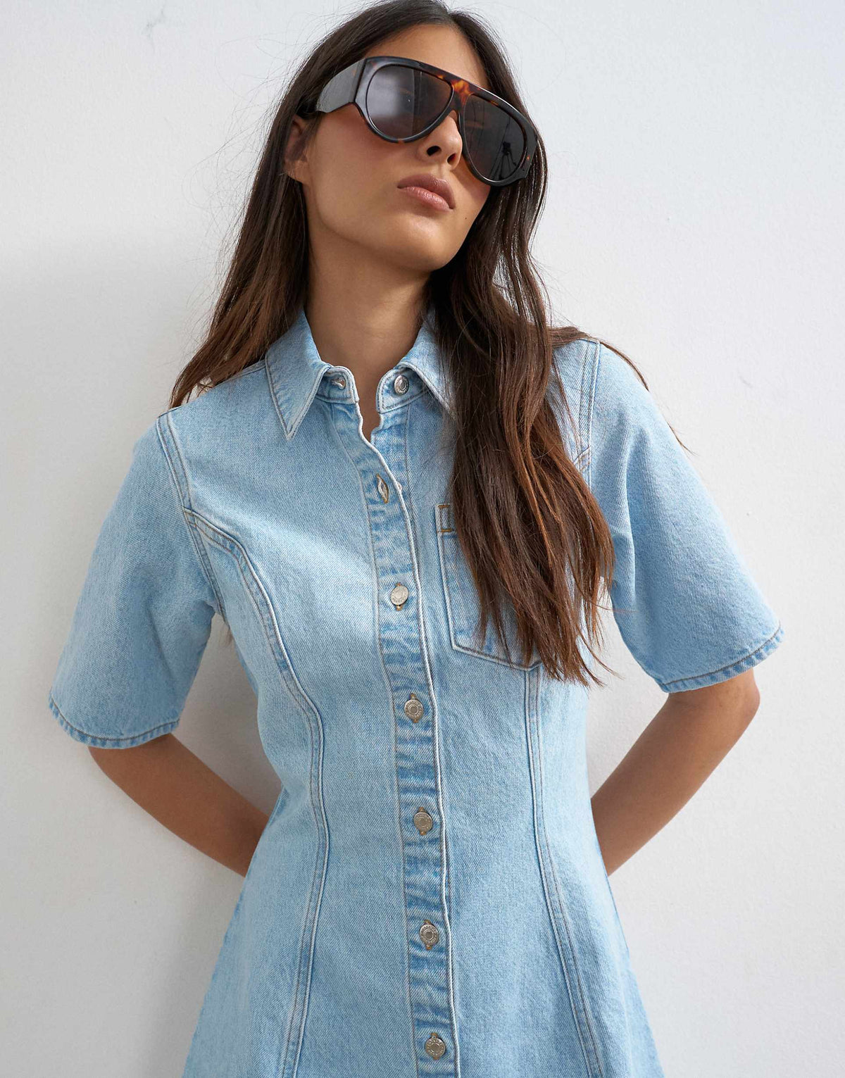 Topshop denim short sleeve button down mini dress in bleach