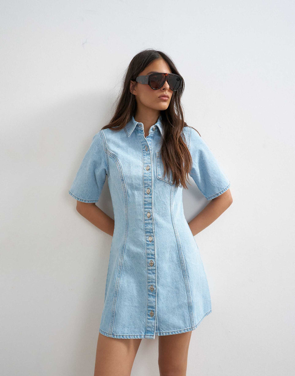 Topshop denim short sleeve button down mini dress in bleach