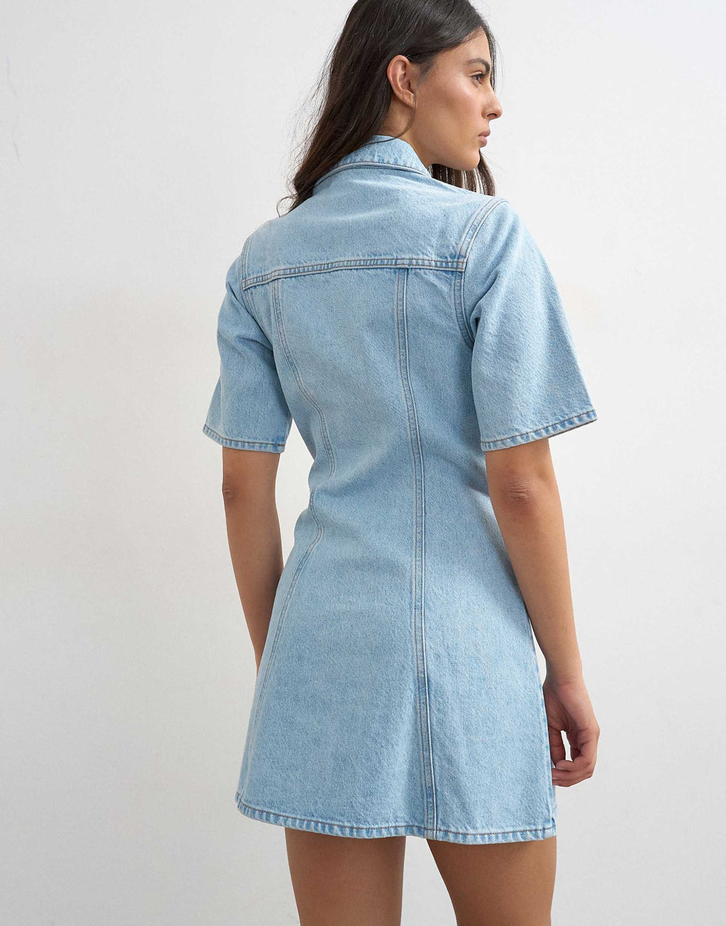 Topshop denim short sleeve button down mini dress in bleach
