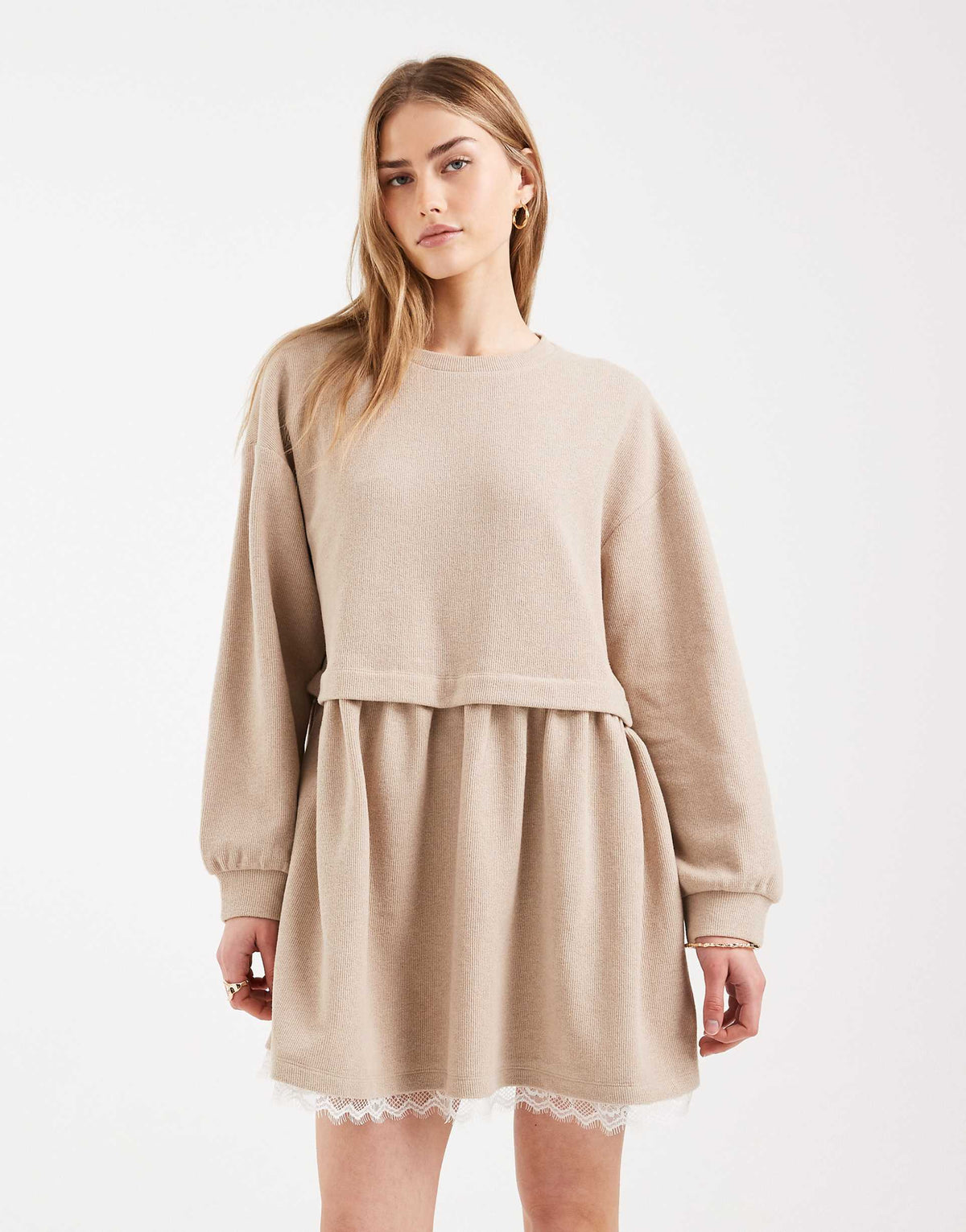 Miss Selfridge smock dress with lace trim in oatmeal