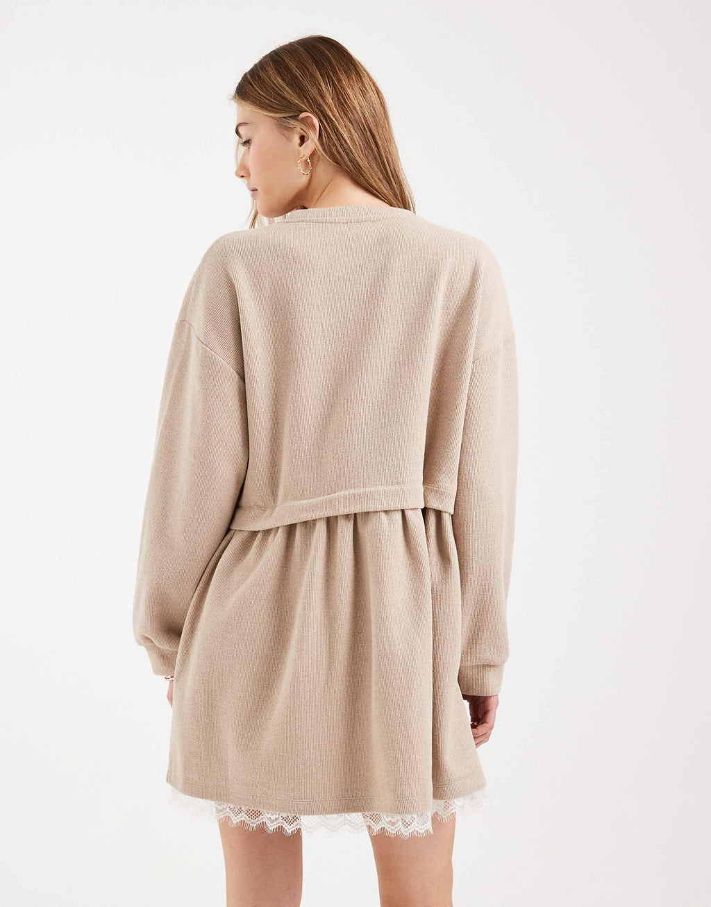 Miss Selfridge smock dress with lace trim in oatmeal