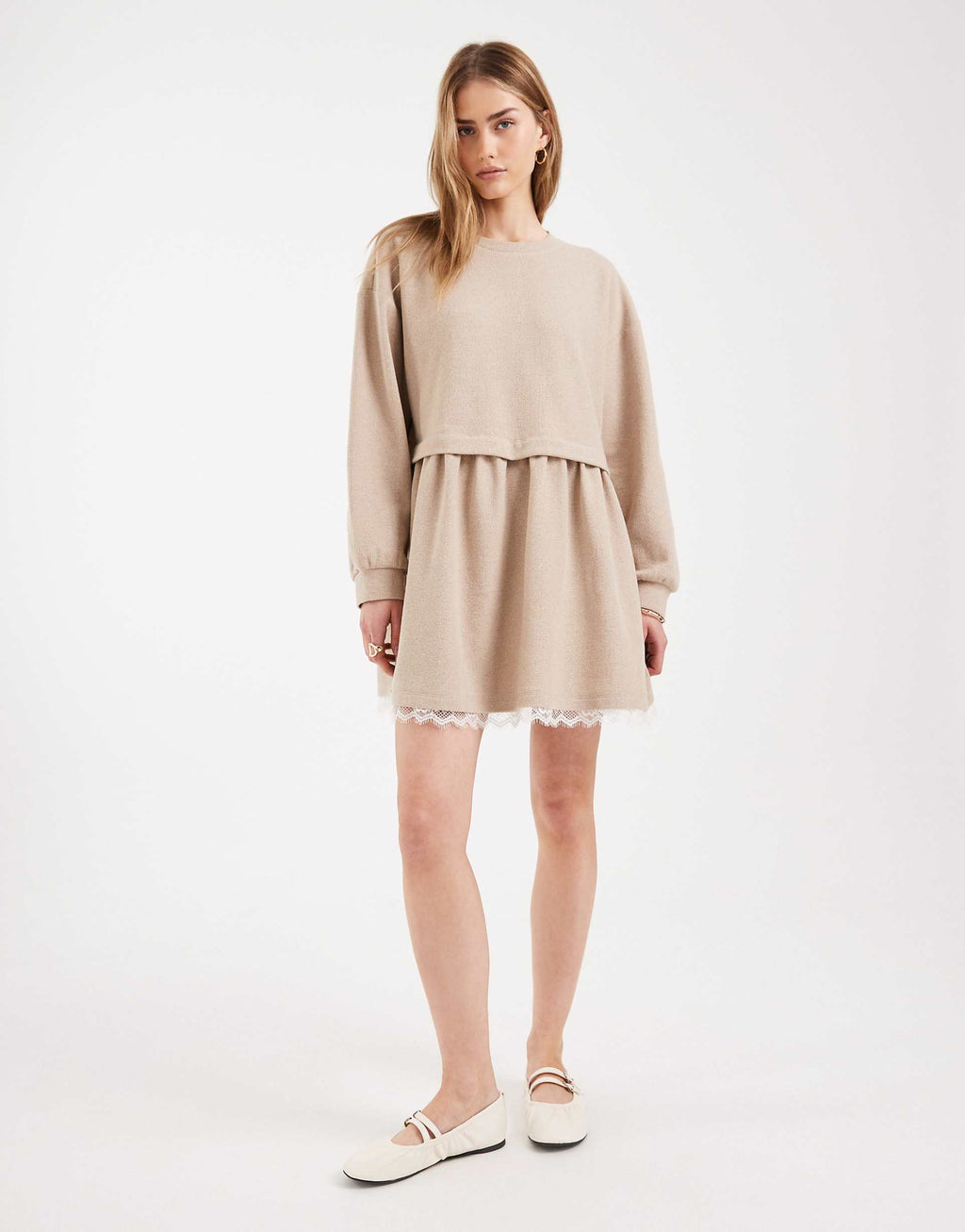 Miss Selfridge smock dress with lace trim in oatmeal