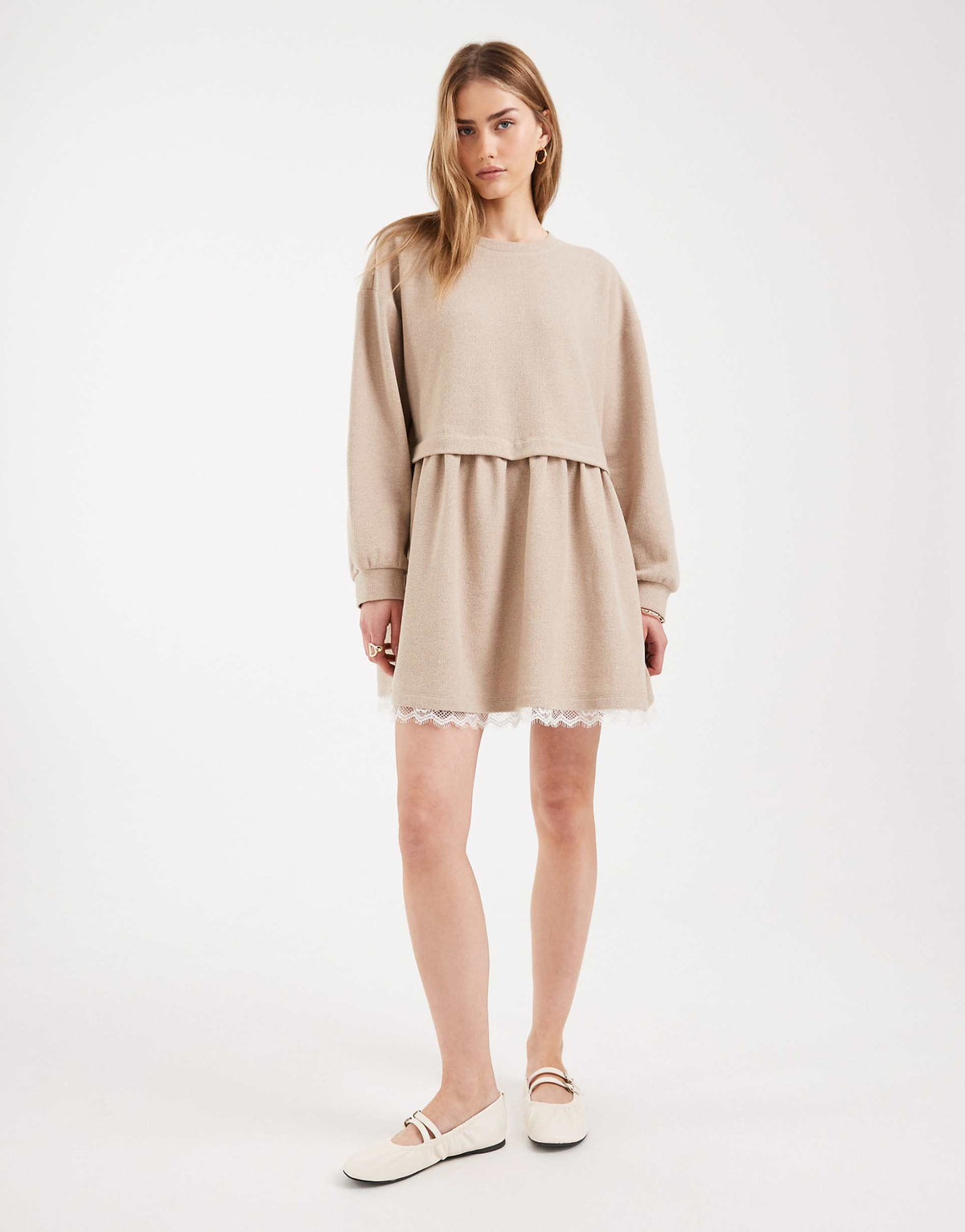 Miss Selfridge smock dress with lace trim in oatmeal