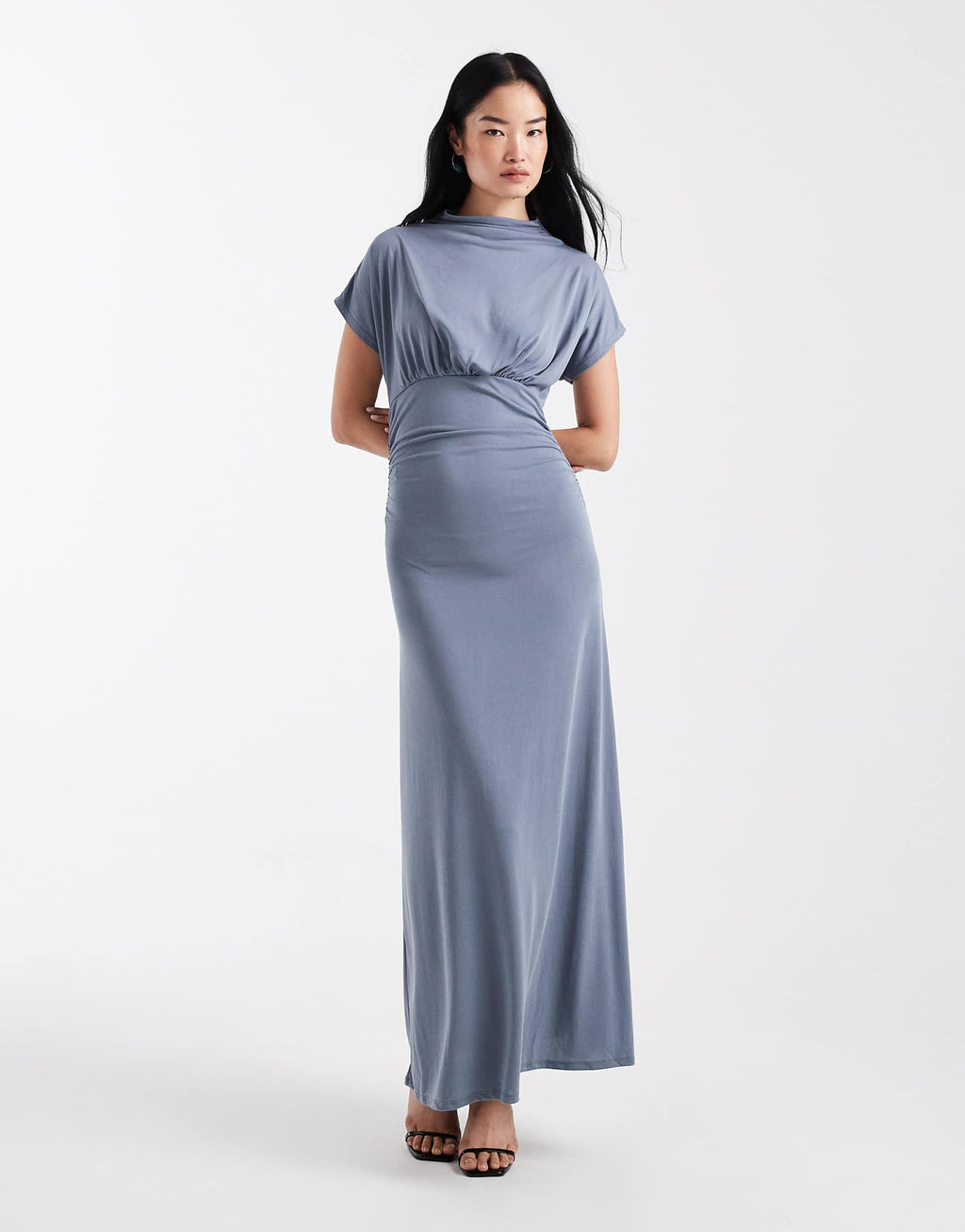 ASOS DESIGN funnel neck cinched waist maxi dress in blue gray