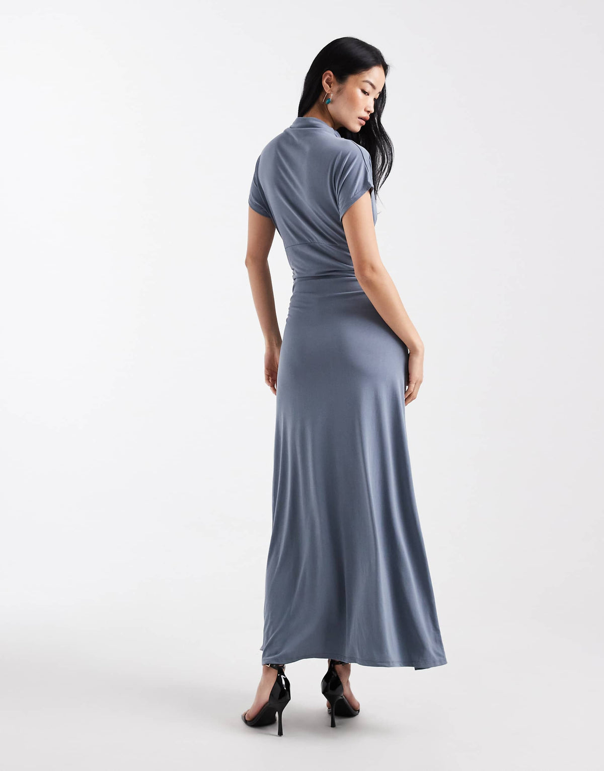 ASOS DESIGN funnel neck cinched waist maxi dress in blue gray