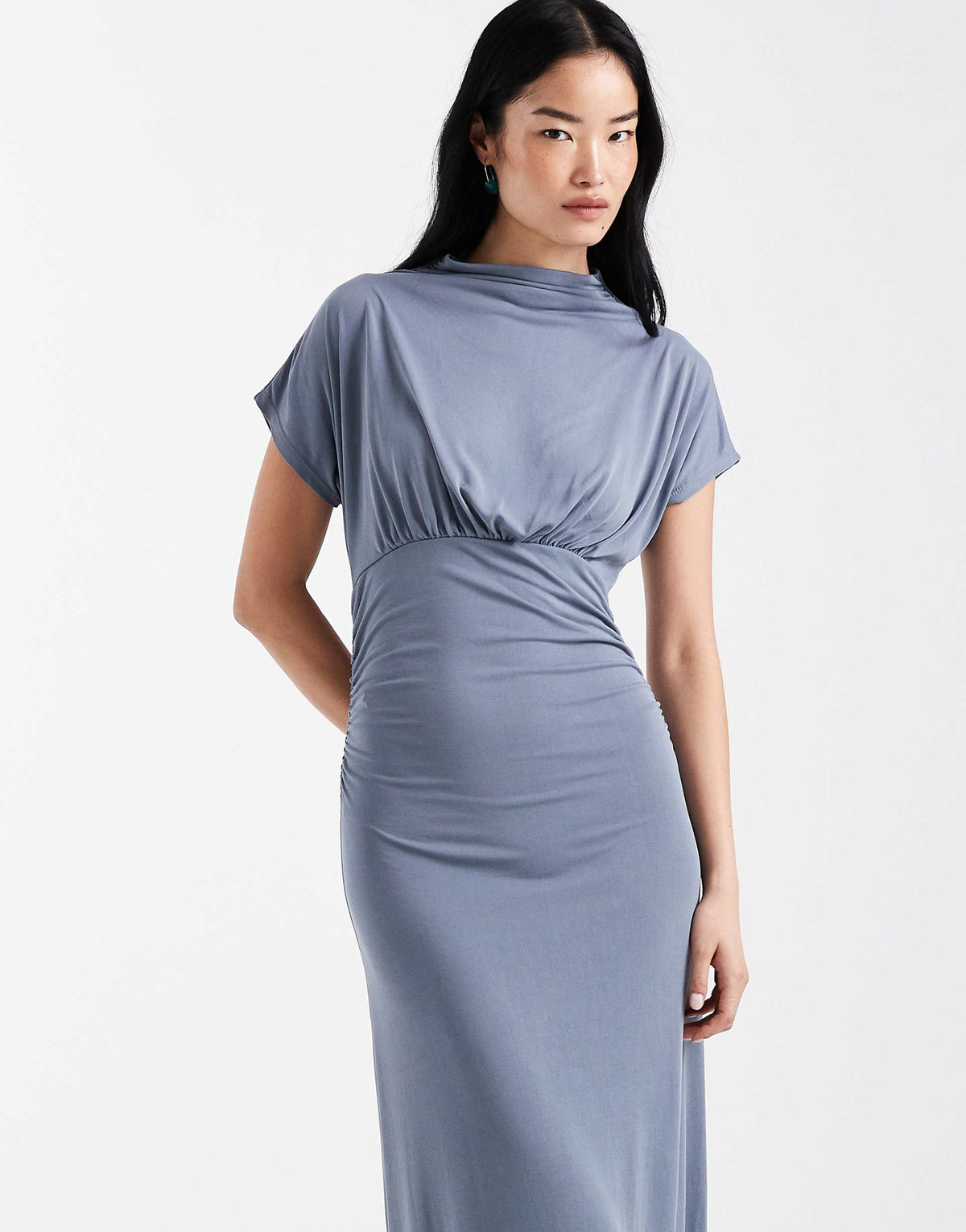 ASOS DESIGN funnel neck cinched waist maxi dress in blue gray