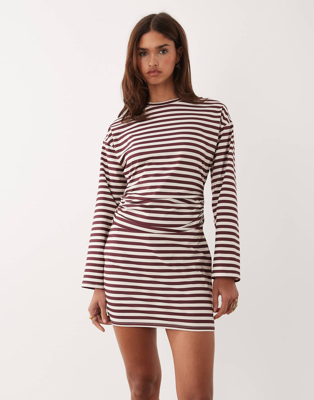 ASOS DESIGN long sleeve cinched waist mini dress in buttermilk and chocolate stripes