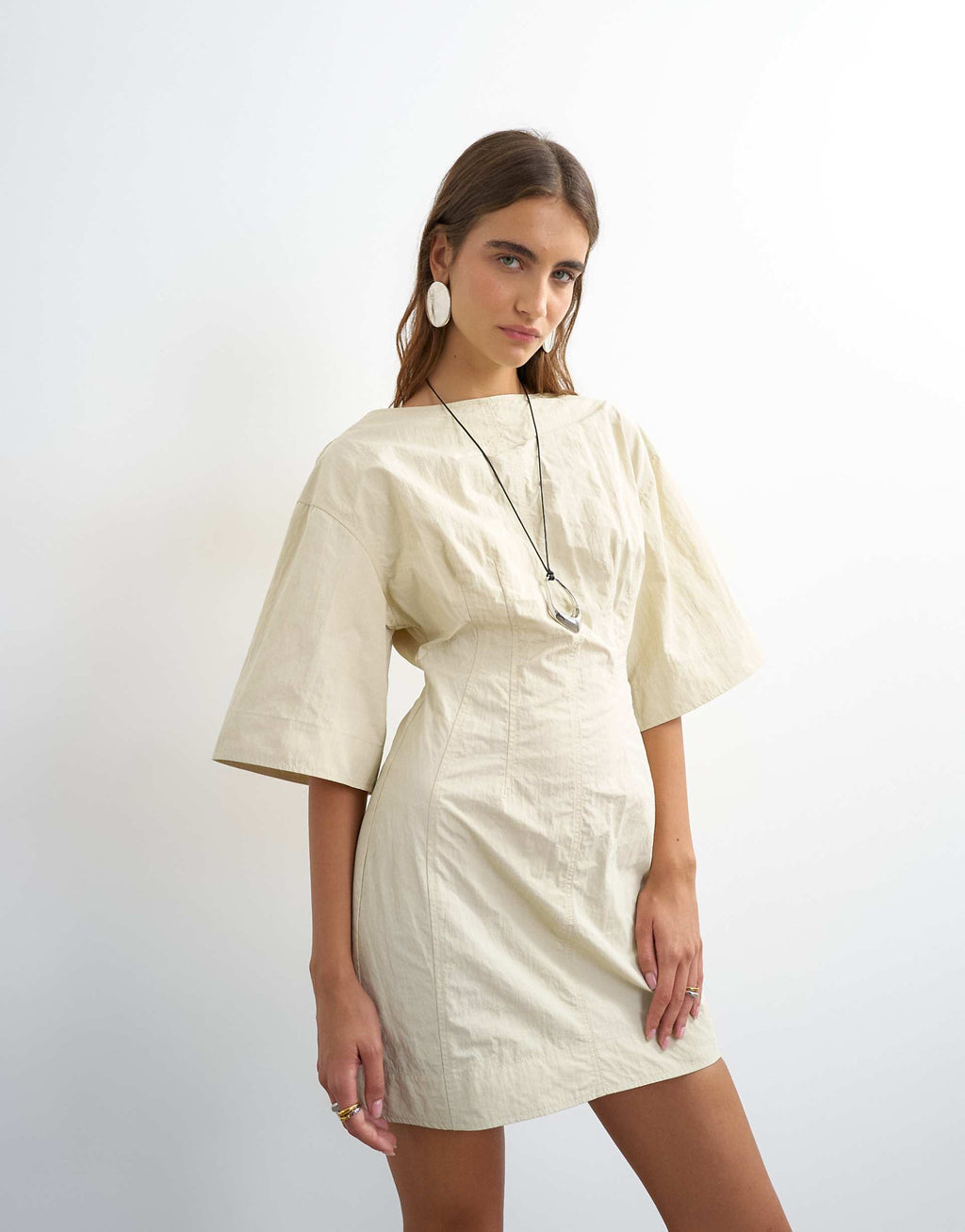 Topshop short sleeve slash neck structured mini dress in off white