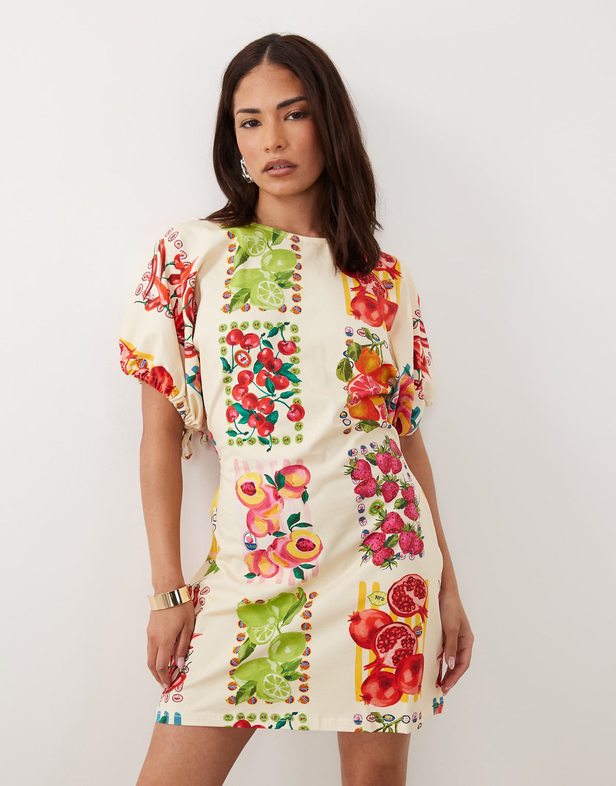 Never Fully Dressed Petite short sleeve tie back A-line mini dress in fruit print cream