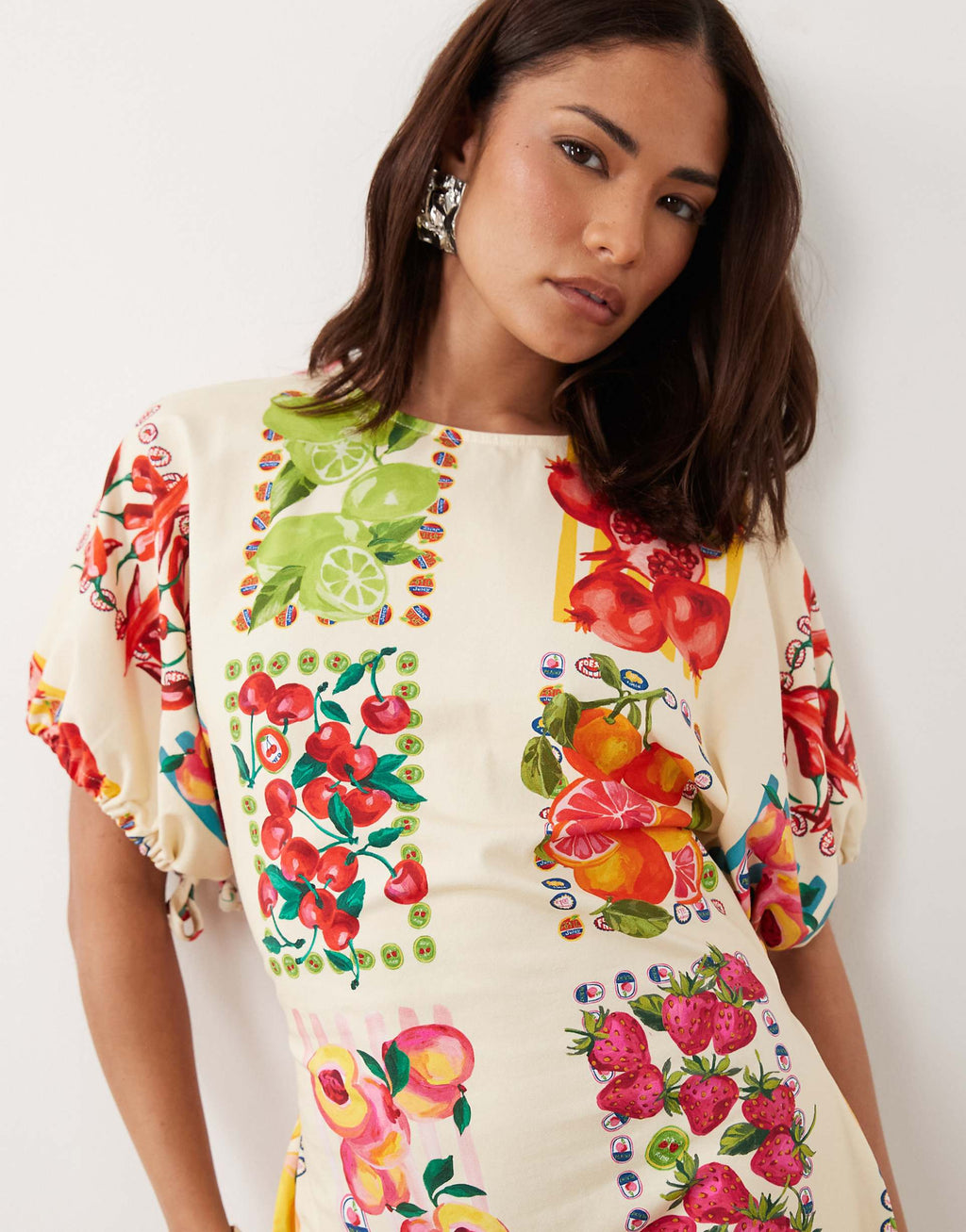 Never Fully Dressed Petite short sleeve tie back A-line mini dress in fruit print cream