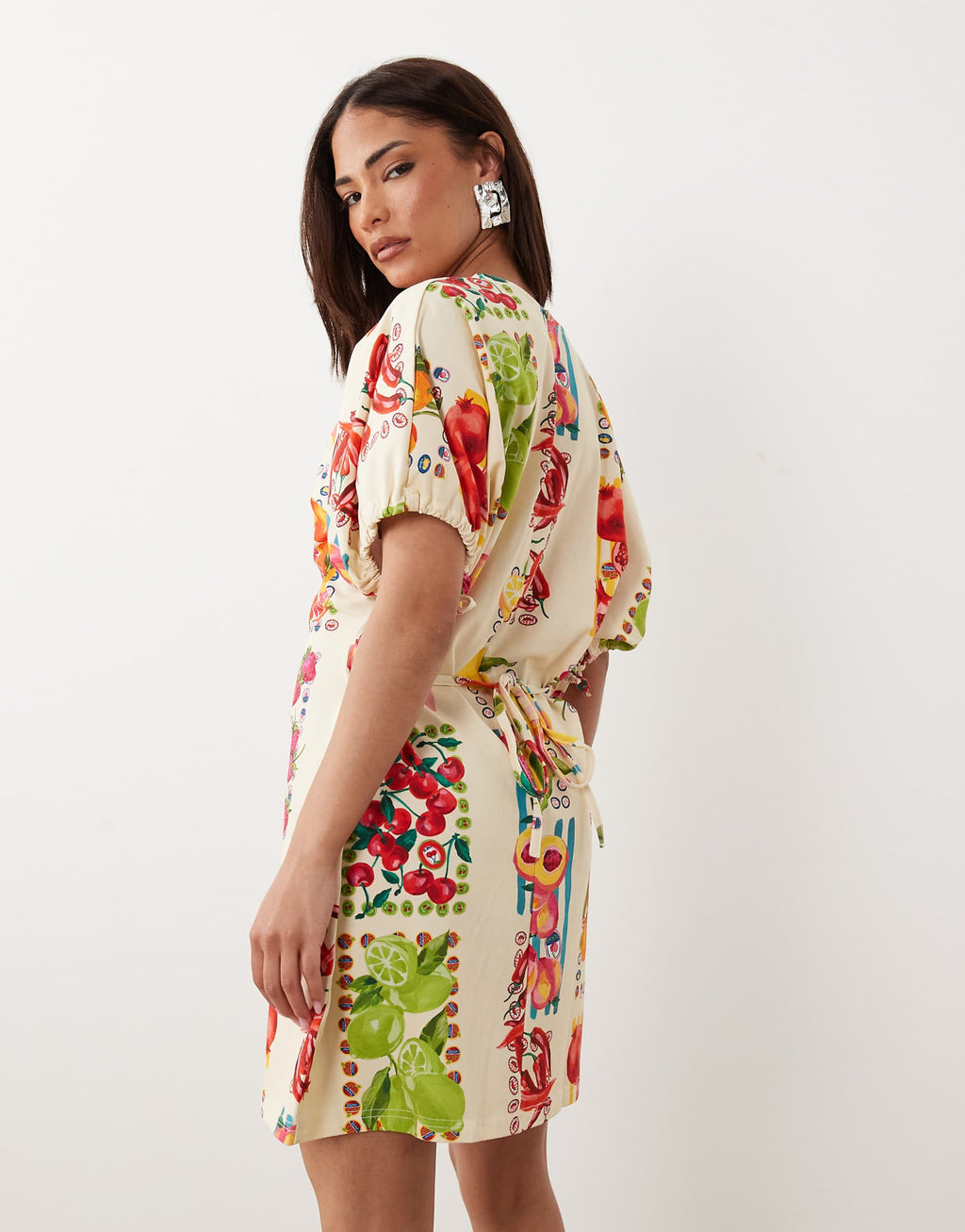 Never Fully Dressed Petite short sleeve tie back A-line mini dress in fruit print cream