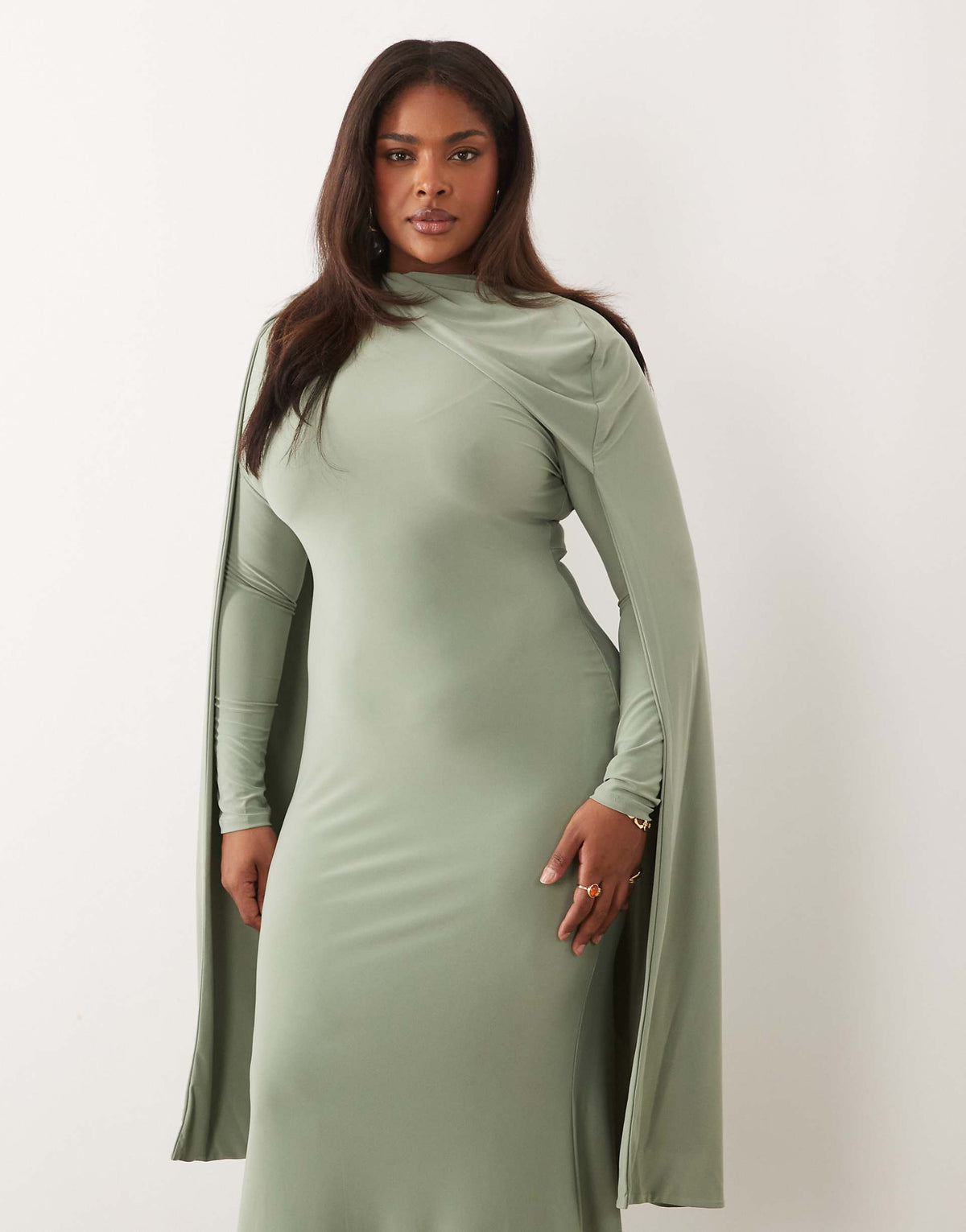 ASOS DESIGN Curve slinky long sleeve maxi dress with extreme cape shoulder detail in sage green