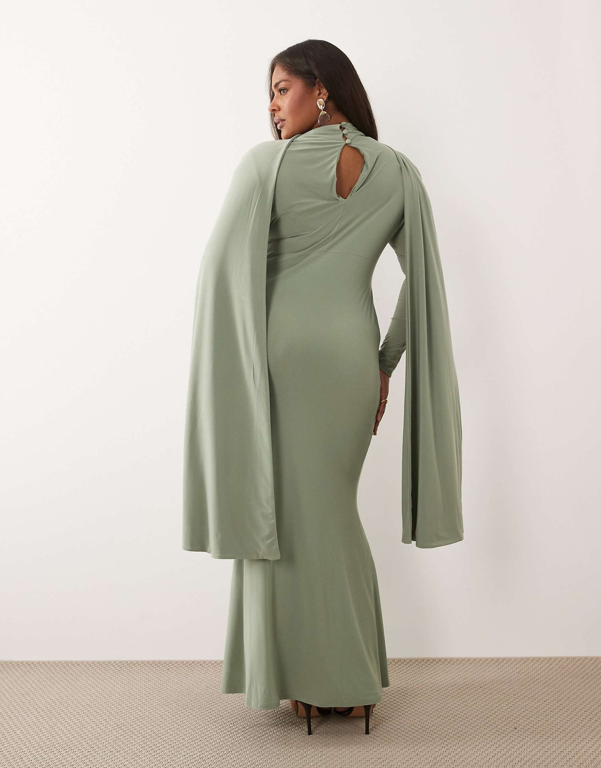 ASOS DESIGN Curve slinky long sleeve maxi dress with extreme cape shoulder detail in sage green