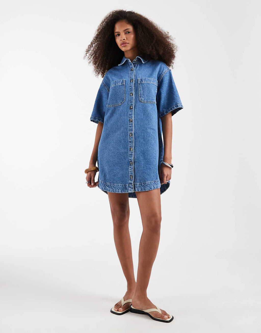 ASOS DESIGN denim boxy shirt dress with pocket detail in mid blue
