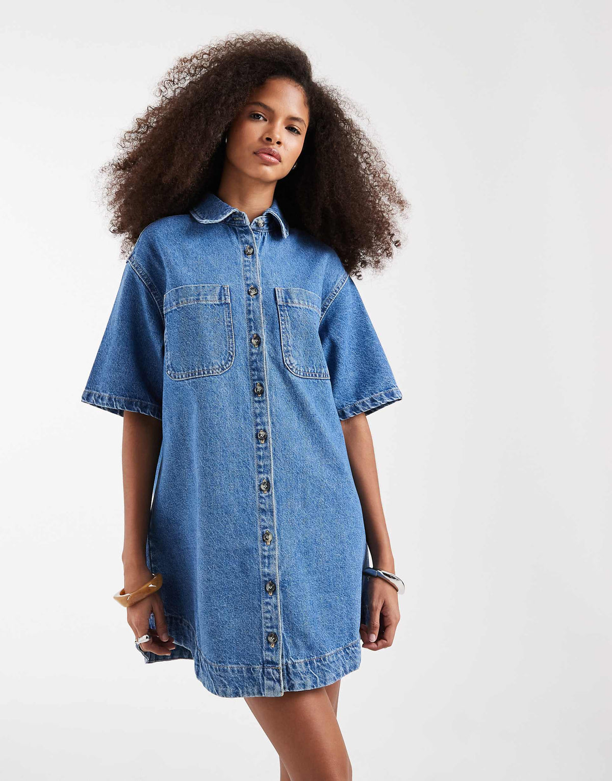 ASOS DESIGN denim boxy shirt dress with pocket detail in mid blue