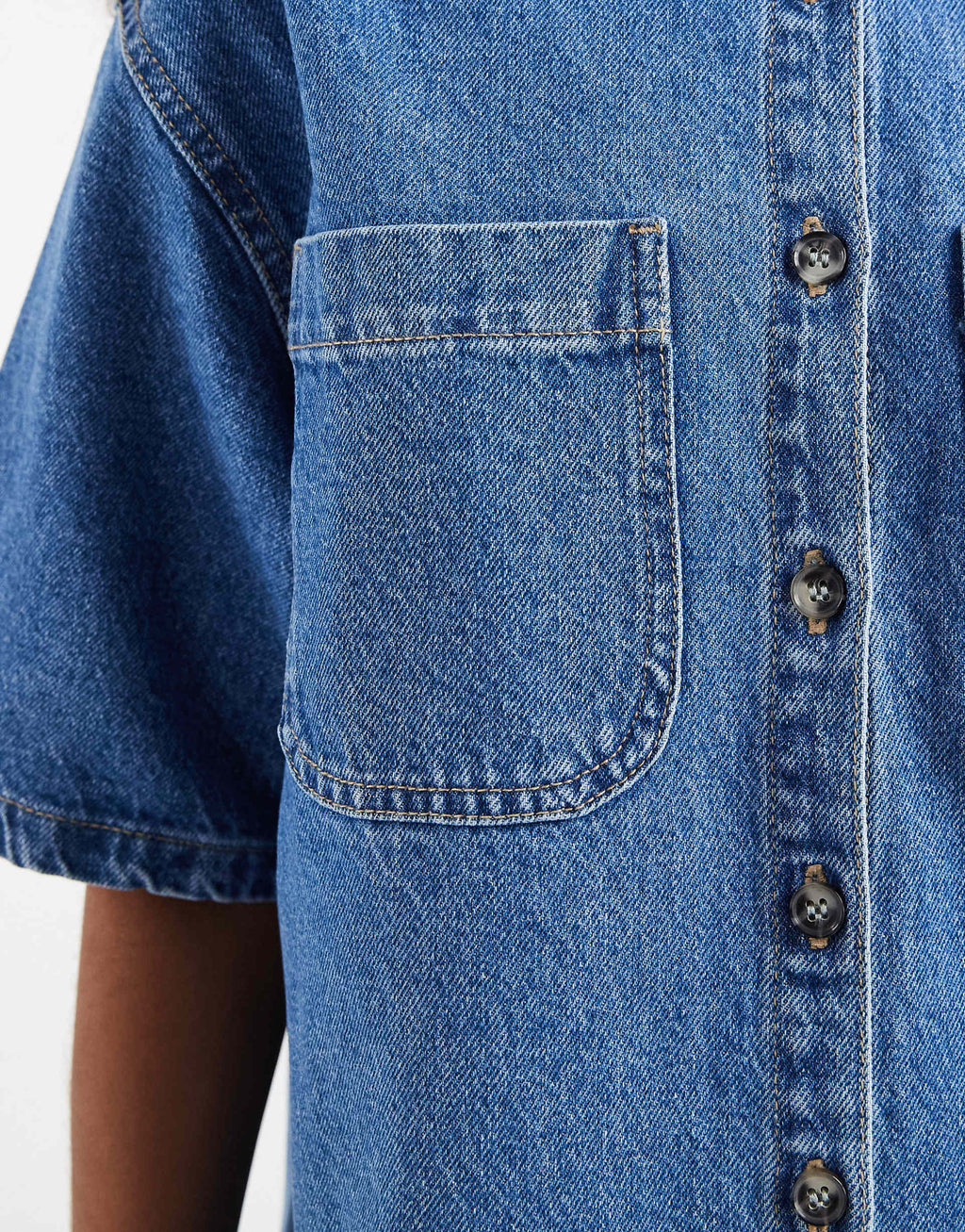 ASOS DESIGN denim boxy shirt dress with pocket detail in mid blue