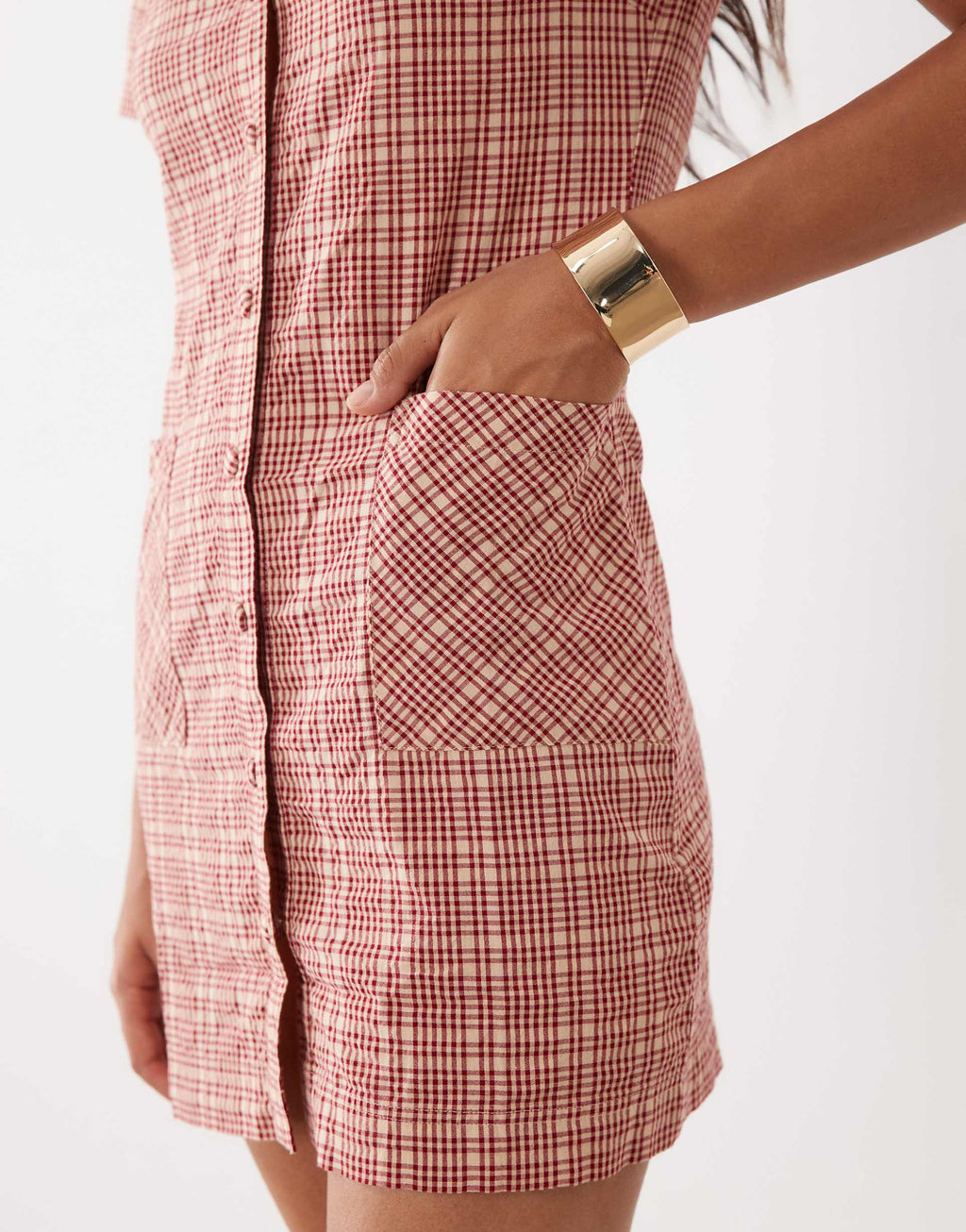 Nobody's Child Lorna cotton short sleeve pocket front mini shirt dress in red plaid