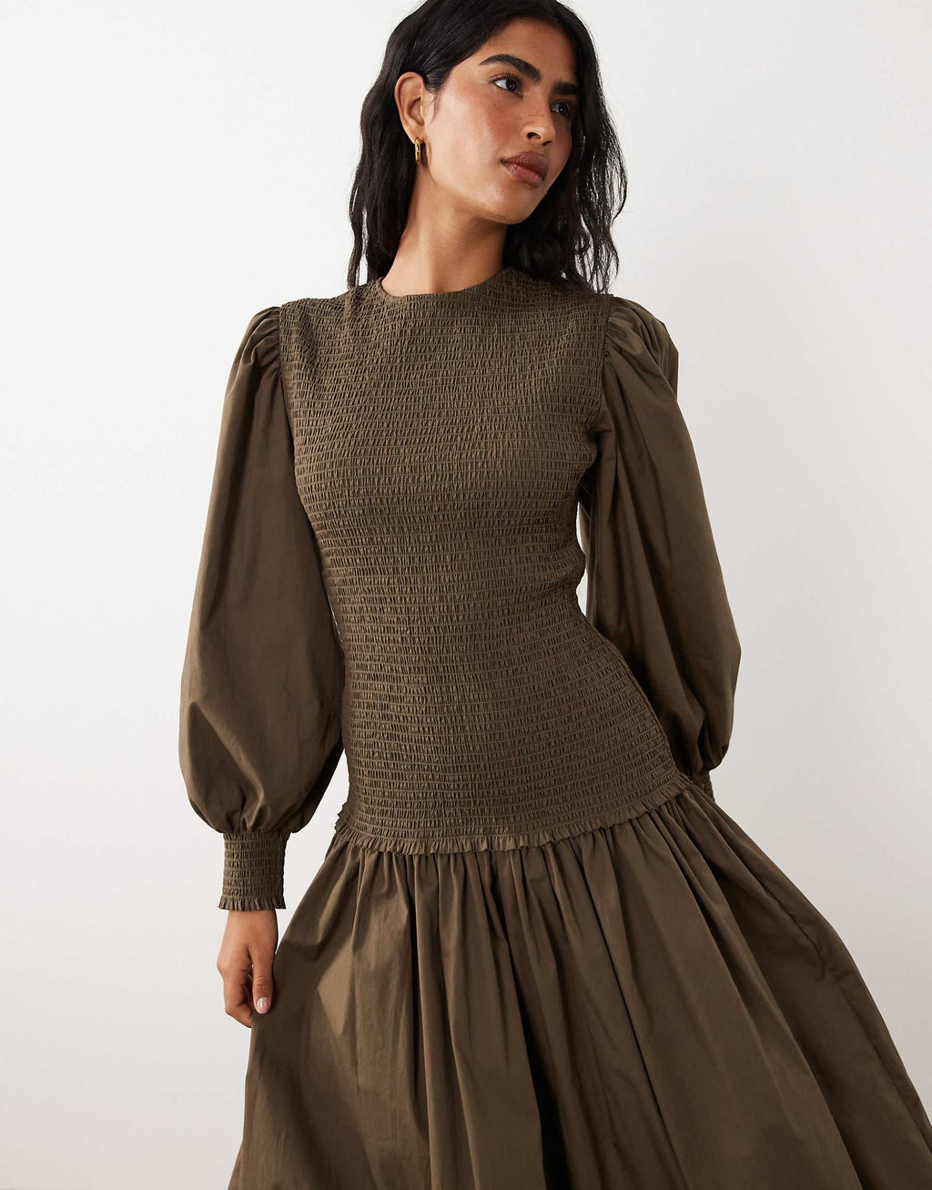 ASOS DESIGN shirred poplin maxi dress in brown
