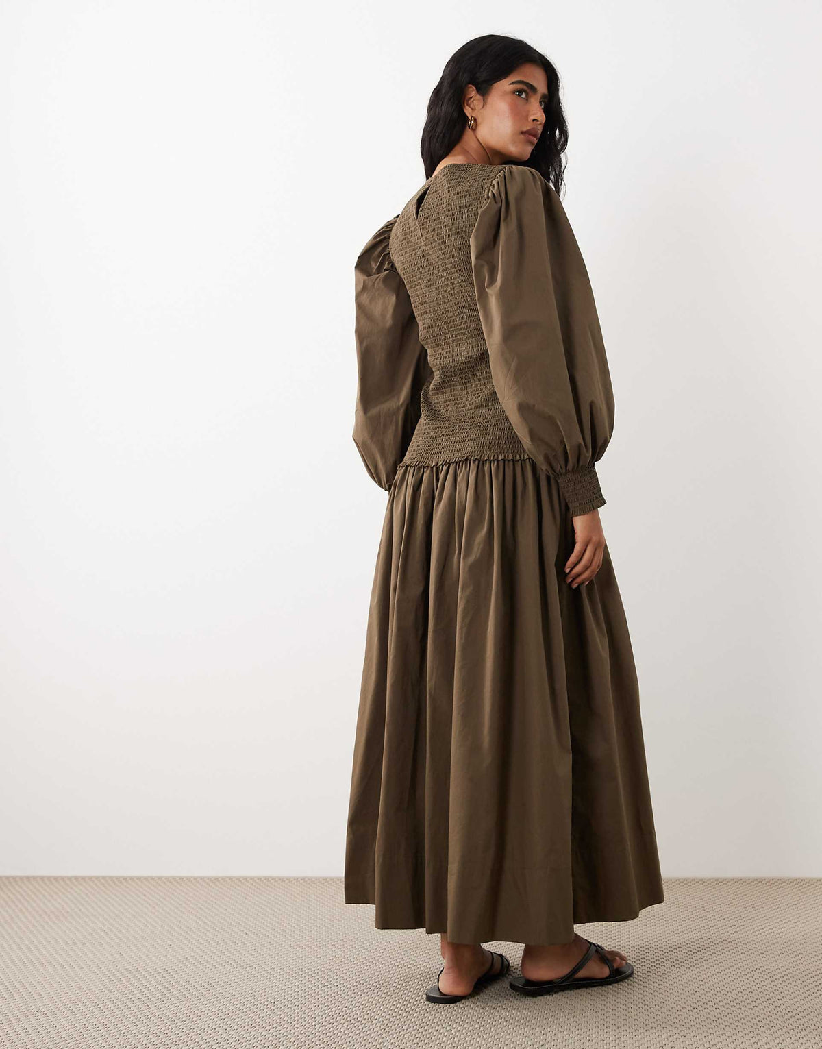 ASOS DESIGN shirred poplin maxi dress in brown