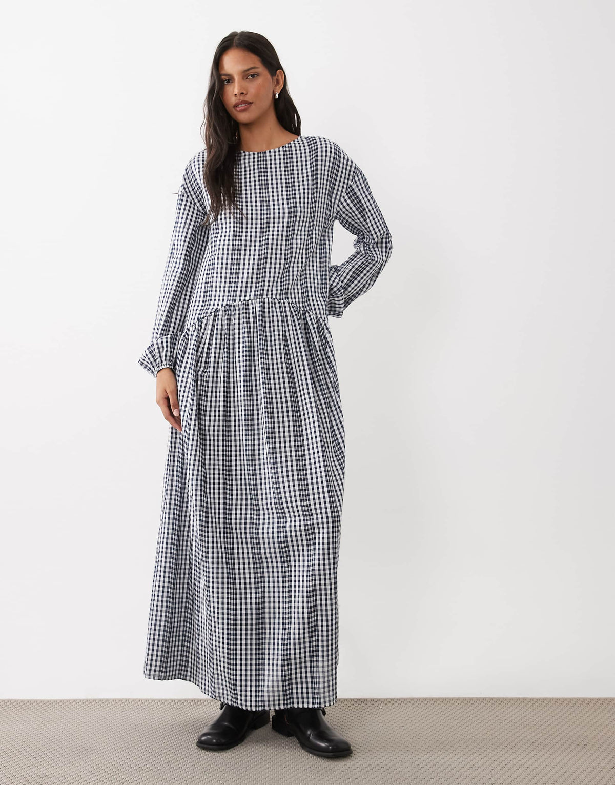 ASOS DESIGN crew neck arched waist smock maxi dress in gingham