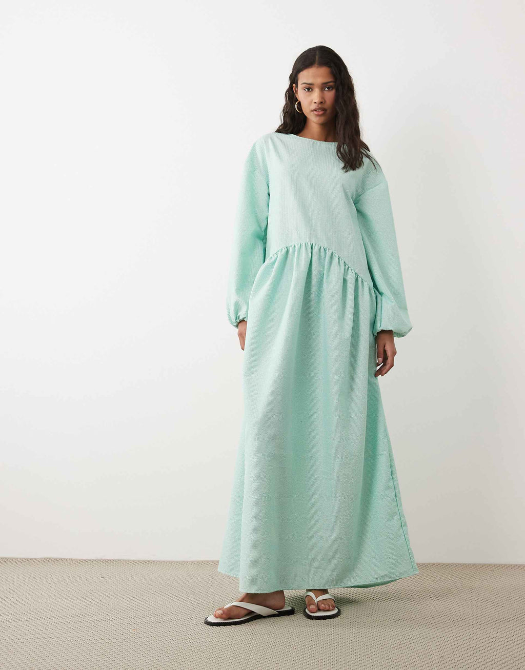 ASOS DESIGN crew neck arched waist smock maxi dress in green stripes