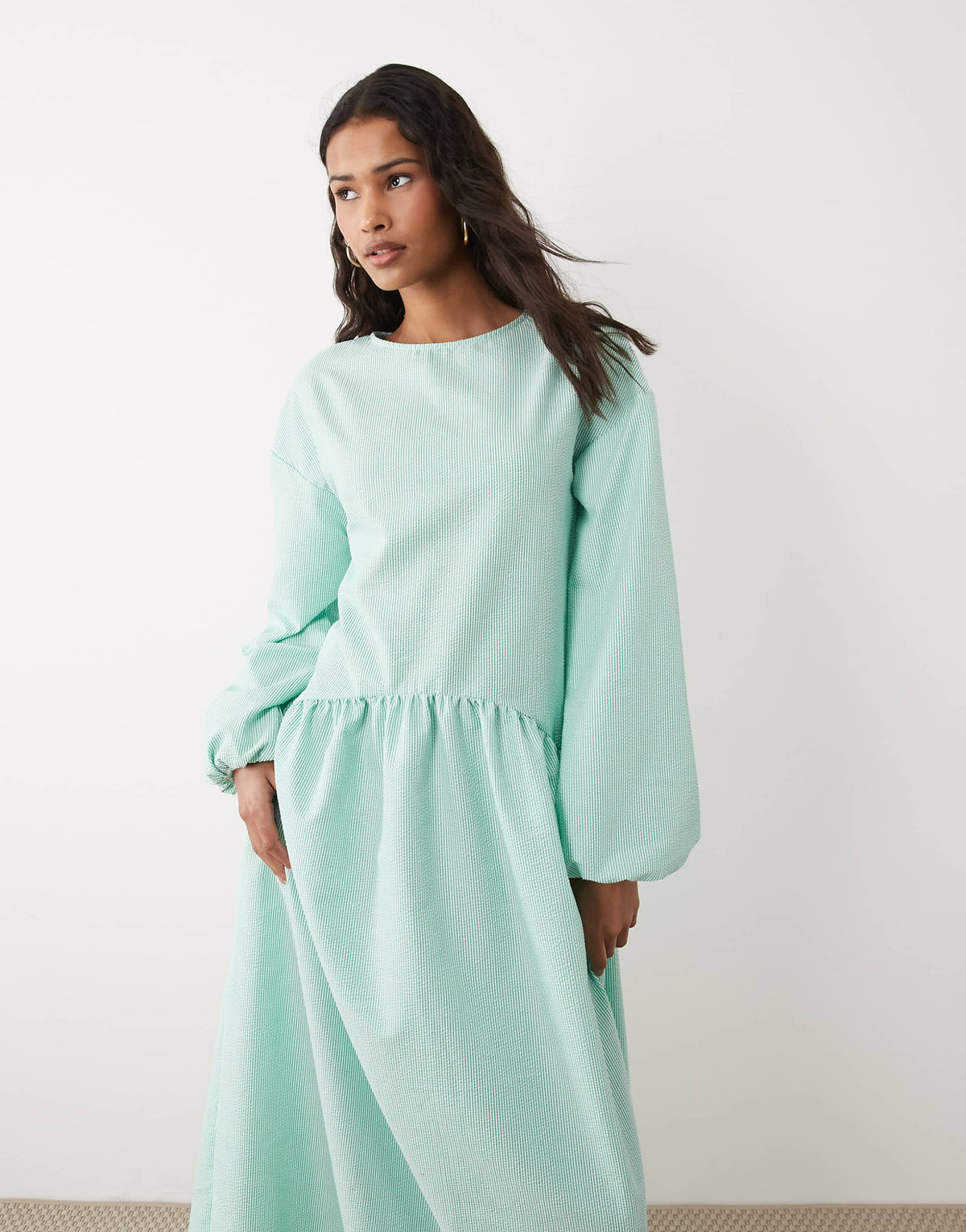 ASOS DESIGN crew neck arched waist smock maxi dress in green stripes