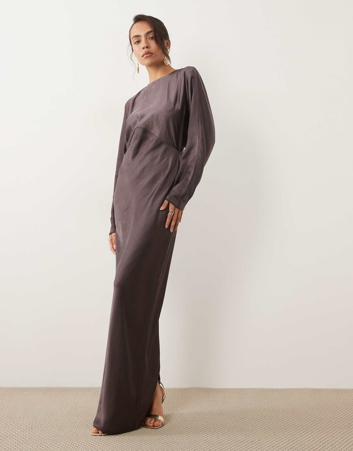 ASOS DESIGN satin batwing maxi dress in brown
